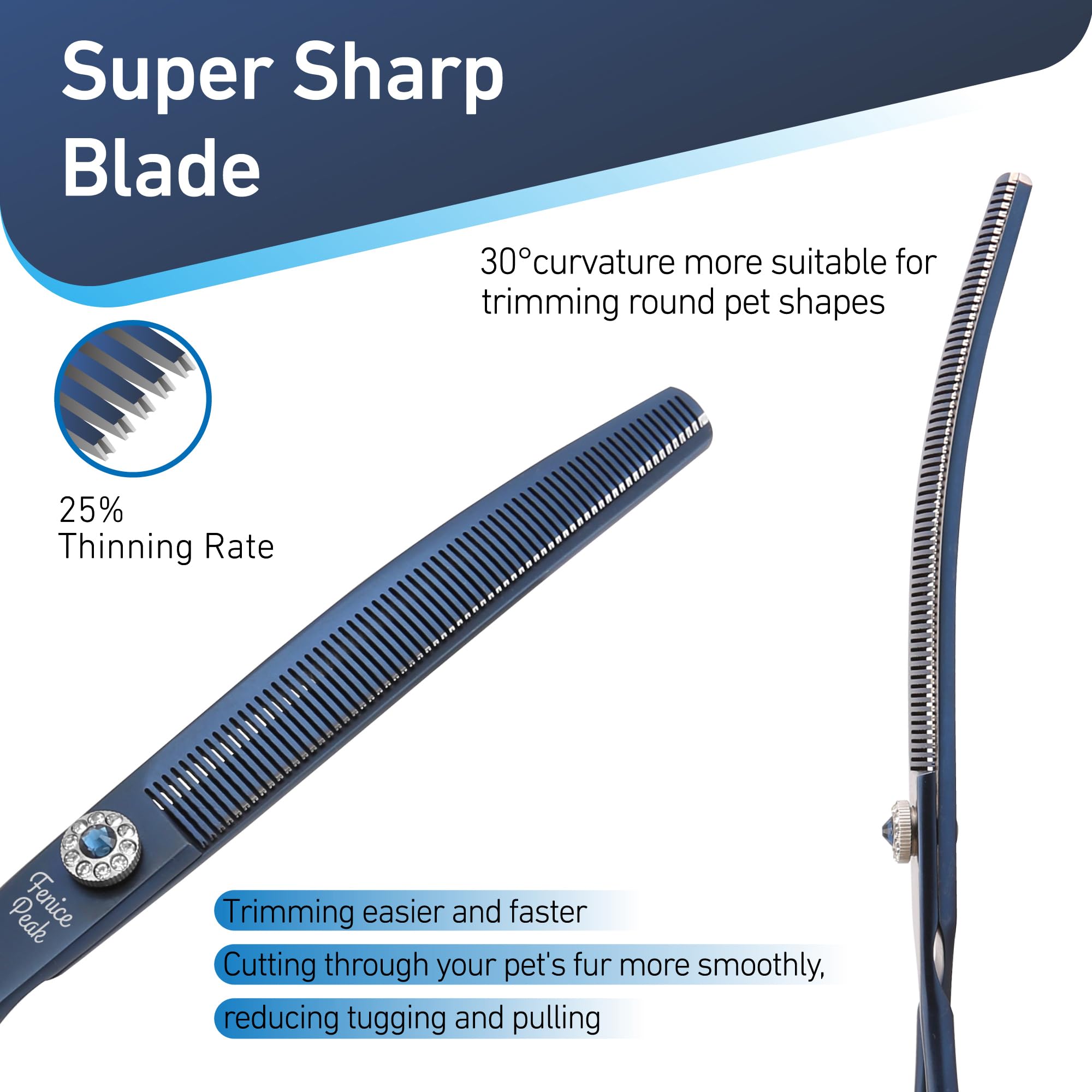 Fenice Peak Professional Dog Grooming Scissors Pet Curved Thinning Shears 7.0'' Extremely Sharp Blades 440C Steel Thinning Sciss