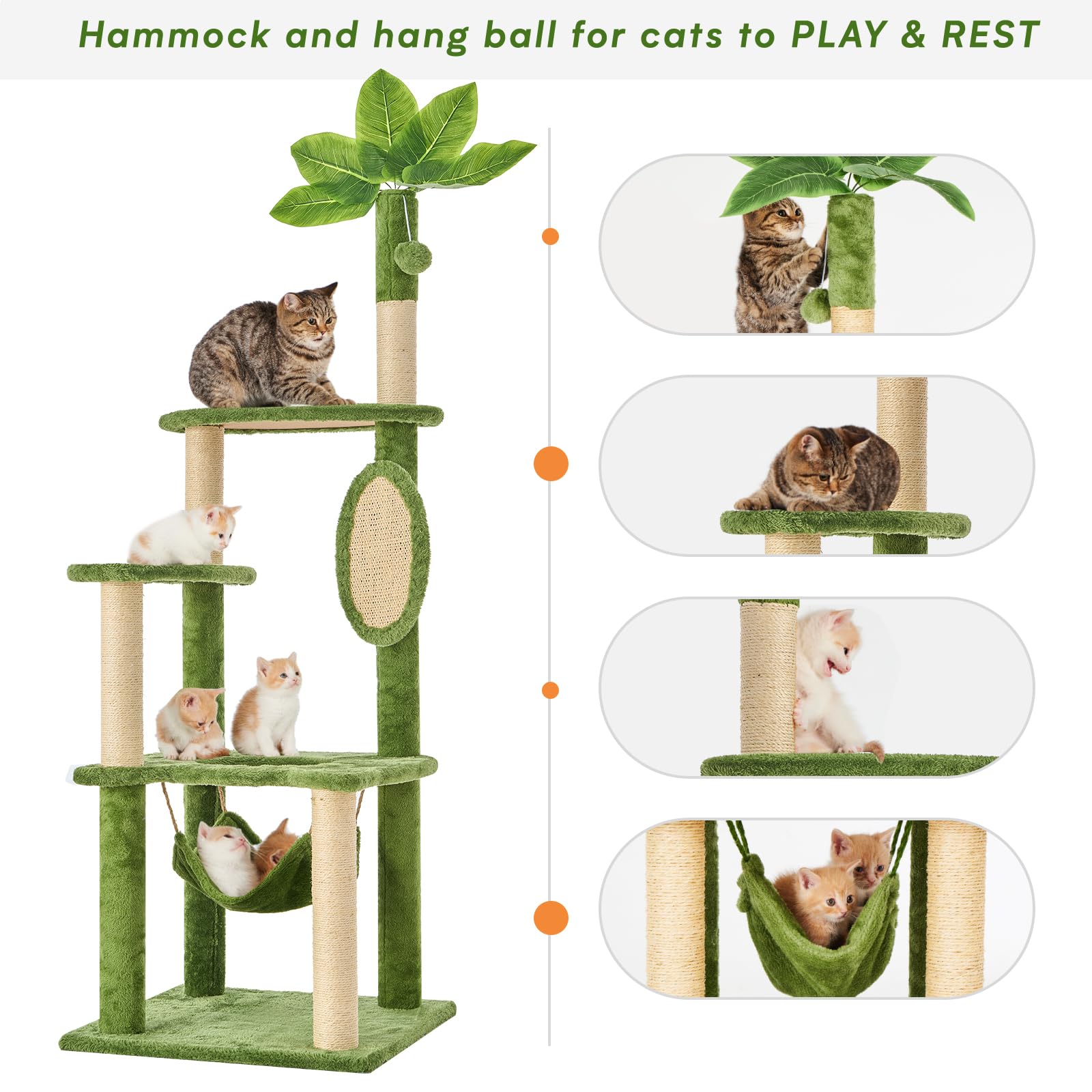 TSCOMON 55 Cat Tree for with Green Leaves, Multi-Level Large Cat Tower with Hammock, Plush Cat House with Hang Ball Toy and Sisa