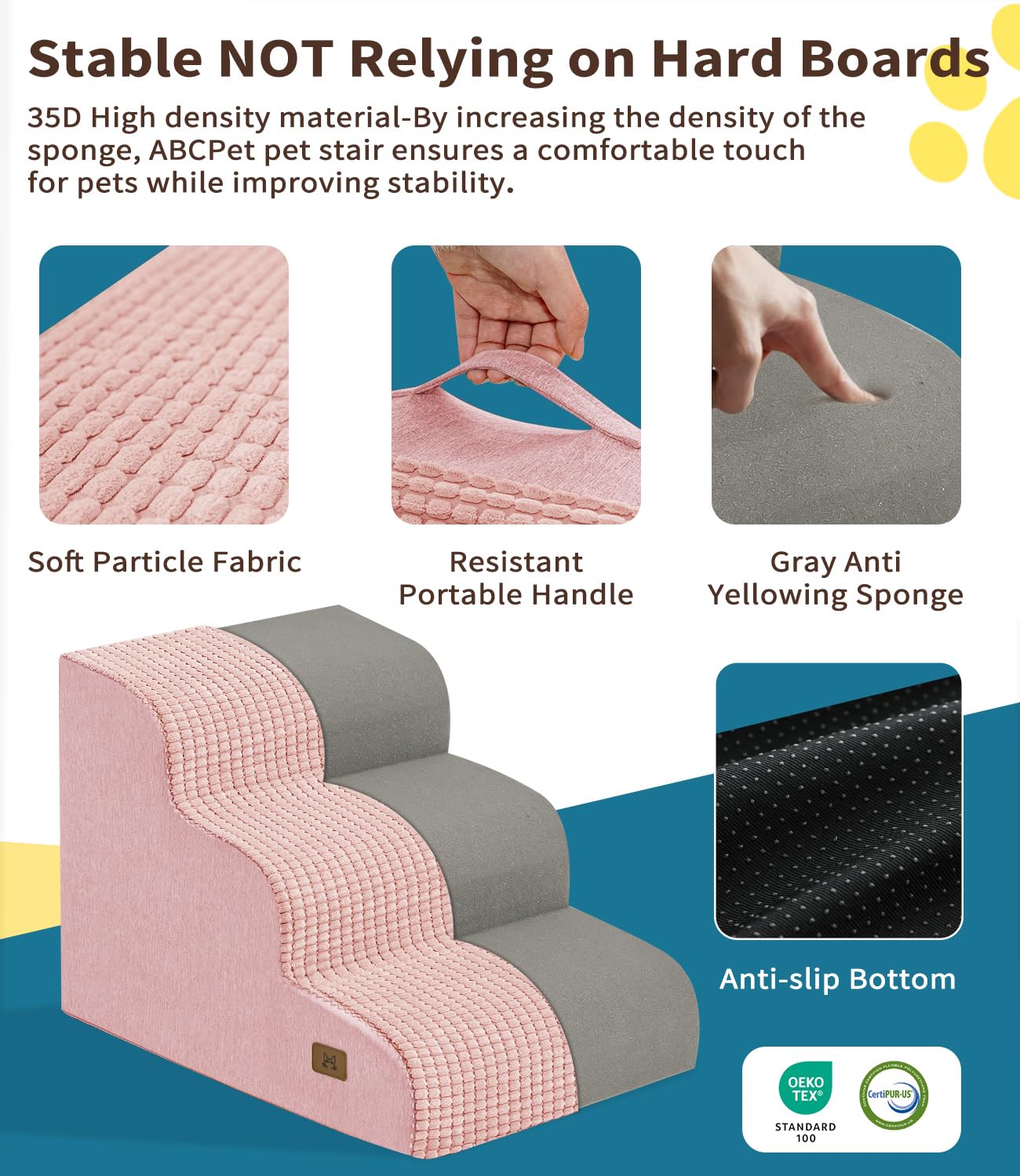 ABCPET Dog Step for Bed, Dog Stair 3-Step 35D Pet Stair 15.7 H for High Bed or Sofa Non-Slip Balanced Pet Step Indoor, Pink
