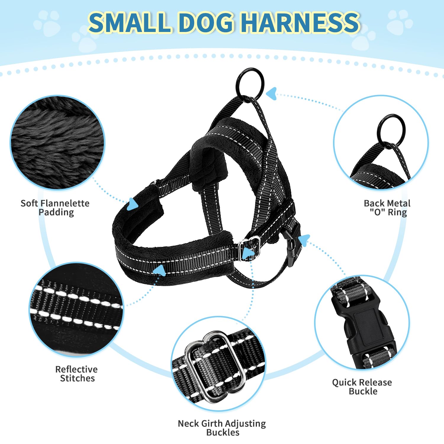 Slowton No Pull Small Dog Harness And Leash Set, Puppy Soft Vest Harness Neck & Chest Adjustable, Reflective Lightweight Harness & Anti-Twist Pet Lead Combo For Small Medium Dogs (Black, Xs)