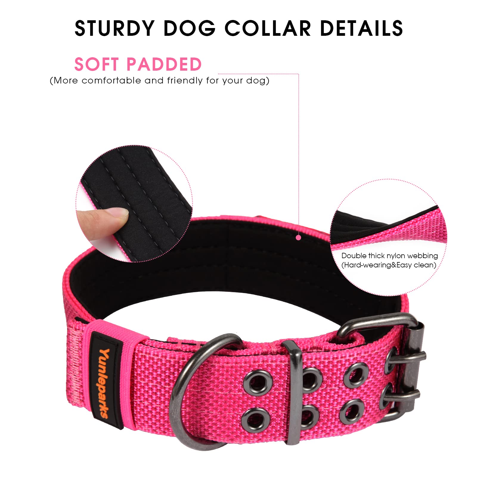 Yunleparks Tactical Collar For Medium Large Dogs, Heavy Duty Metal Buckle, Soft Neoprene Padded, Nylon Wide(X-Large, Pink)
