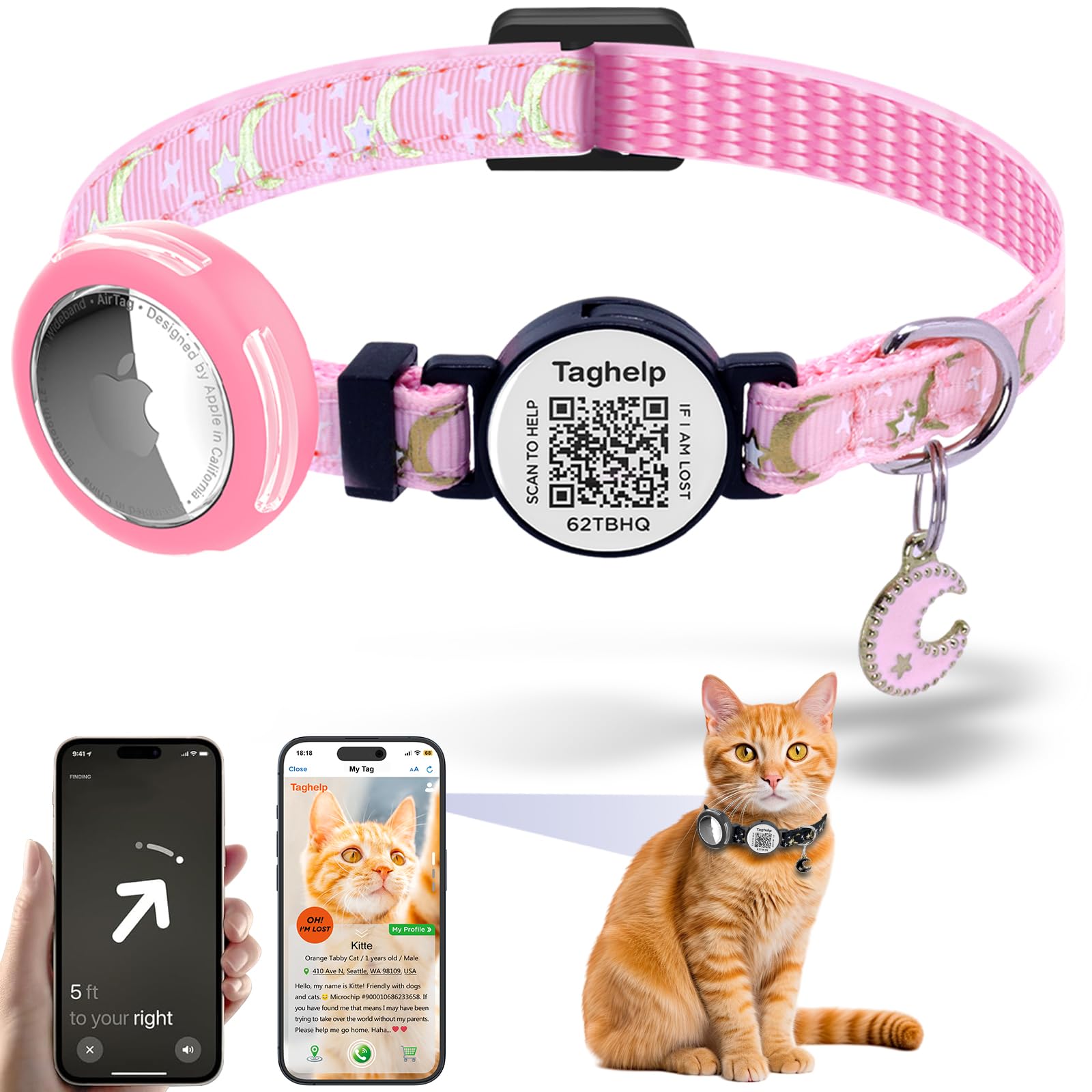 Waterproof Airtag Cat Collar, Breakaway With Stars And Moon With Airtag Holder For Apple. Solid & Safe, Pet Collar, Smart Id Tag