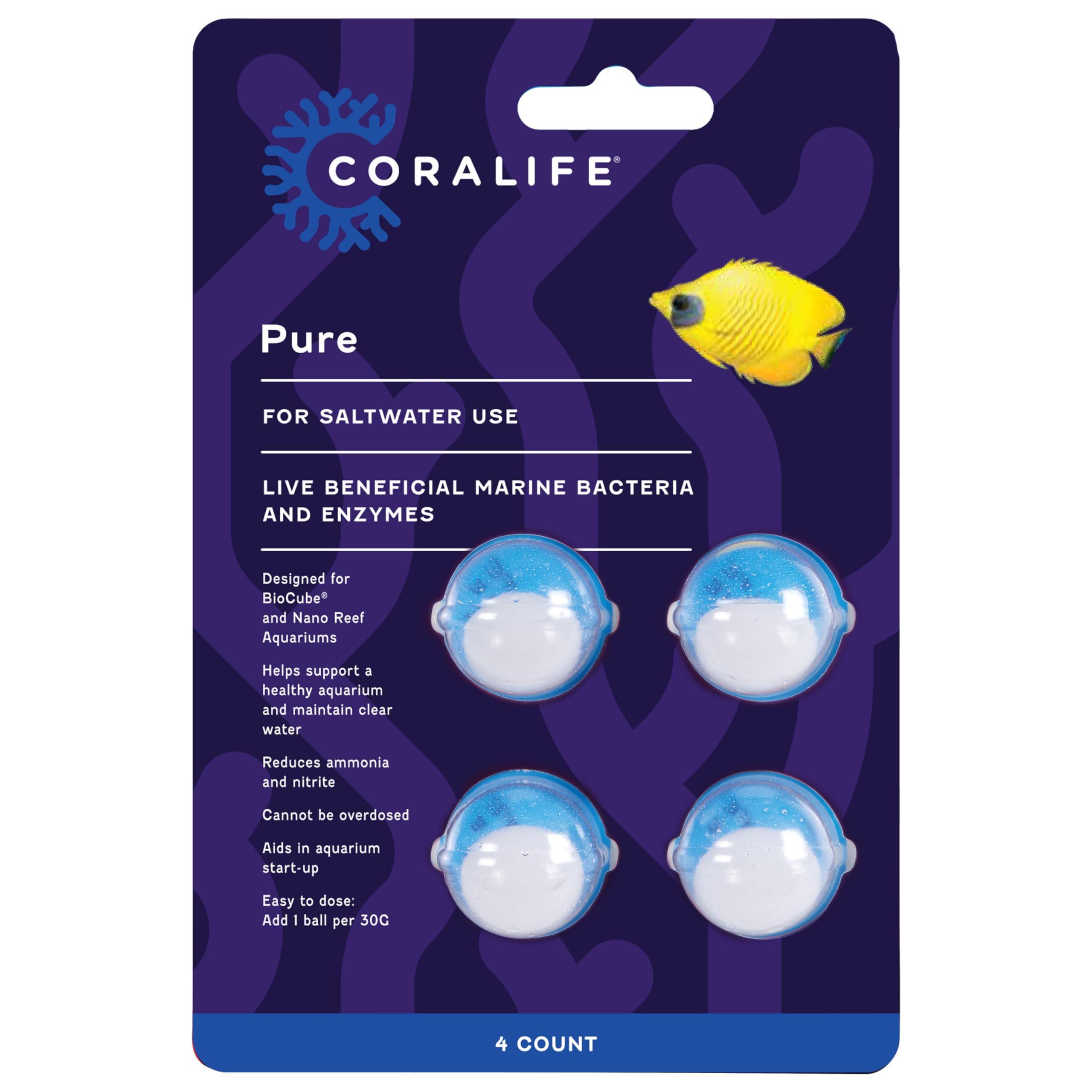 Coralife Aquarium Fish Tank Marine Salt Water PURE Water Care Bacteria Supplement, 4 pack