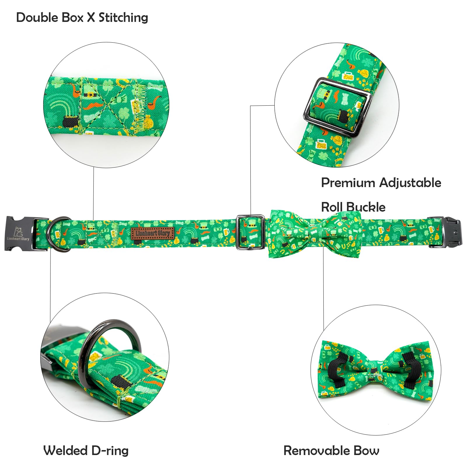 Lionheart Glory St. Patrick'S Day Dog Collar For X-Small Dogs - Adjustable Green With Lucky Clover Shamrock And Bowtie