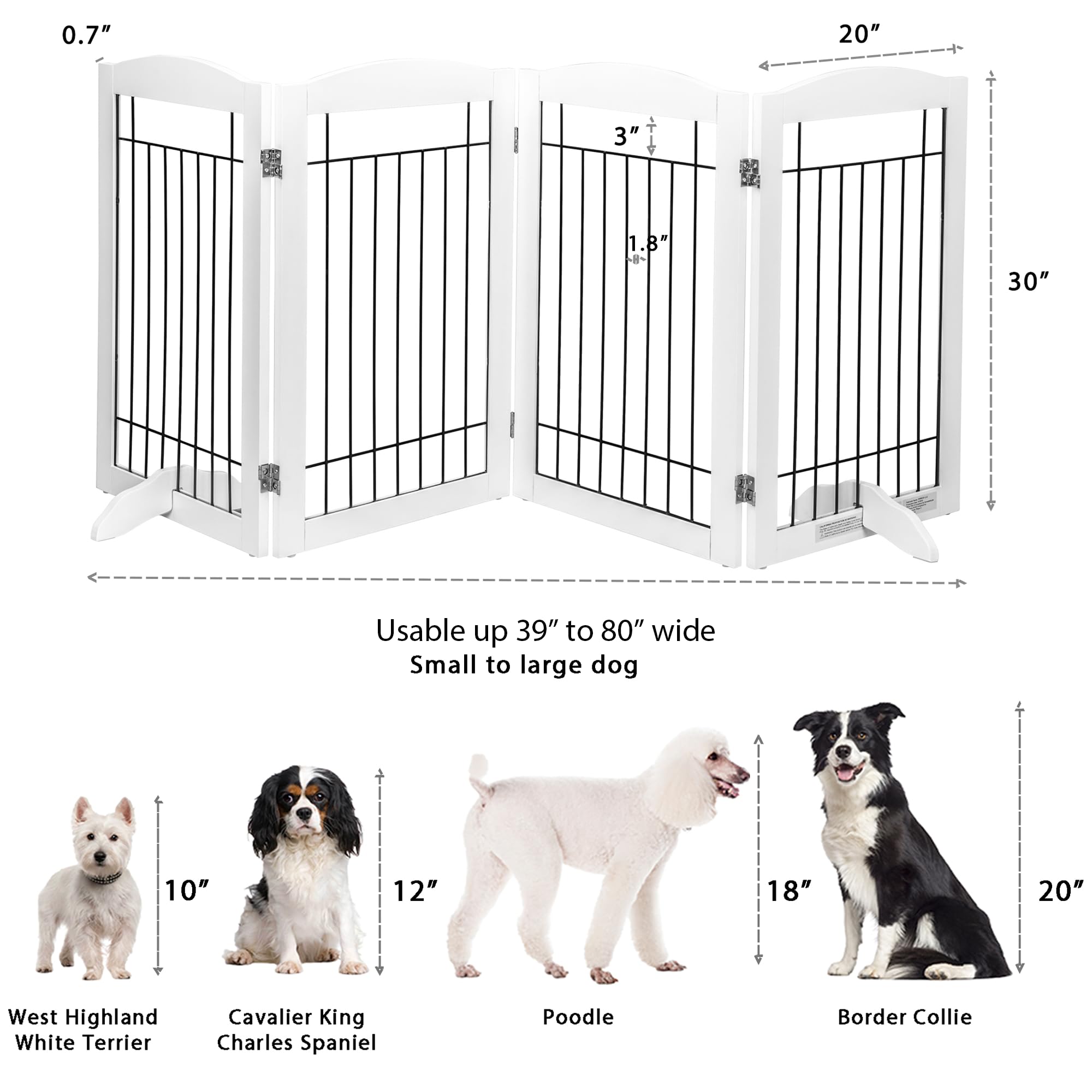 Spirich Free Standing Foldable Wire Pet Gate, 80" Wide x 30" Tall, 4 Panels, Metal, White, Ideal for Doorways & Stairs