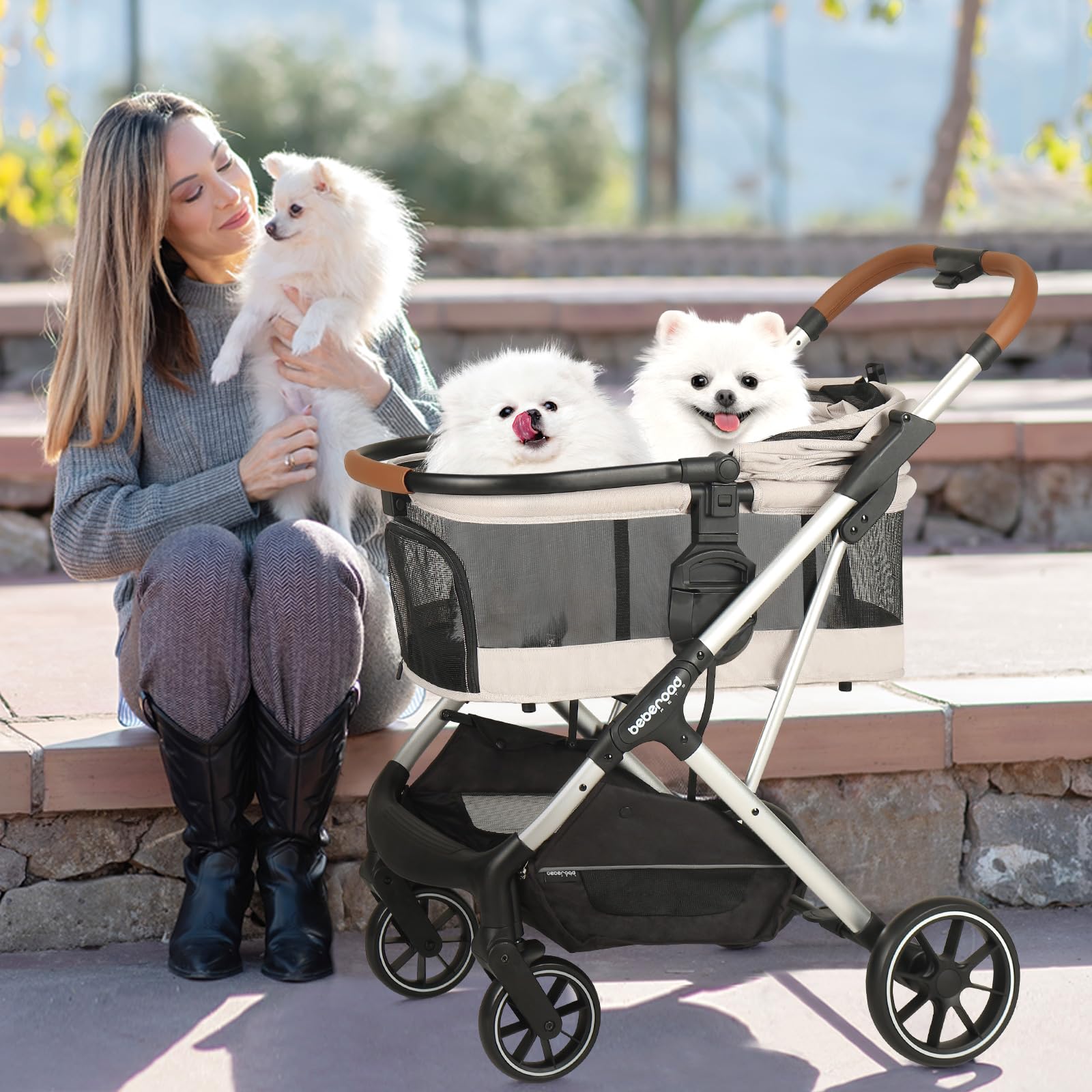 Beberoad Pets T6 Luxury Pet Stroller For Medium Dogs & Cats Under 66Lbs, 3-In-1 Dog Stroller With Detachable Carrier (Beige)
