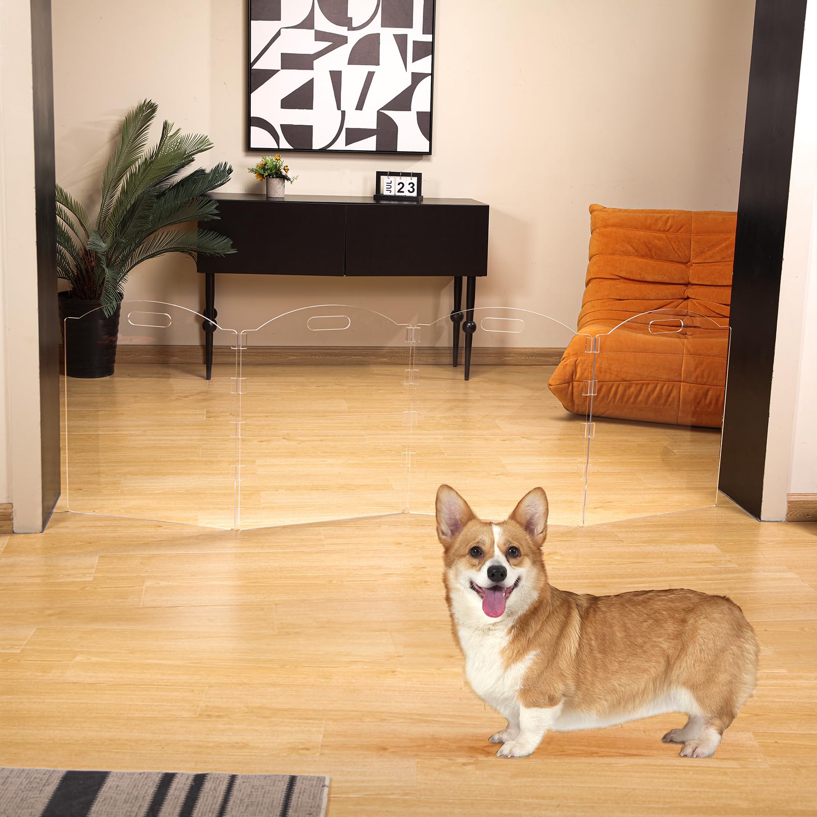 Clear Acrylic Freestanding Dog Gates for The House - Folding 4-Panel Pet Gates for Doorways, Stairs, and Rooms, Transparent Indo