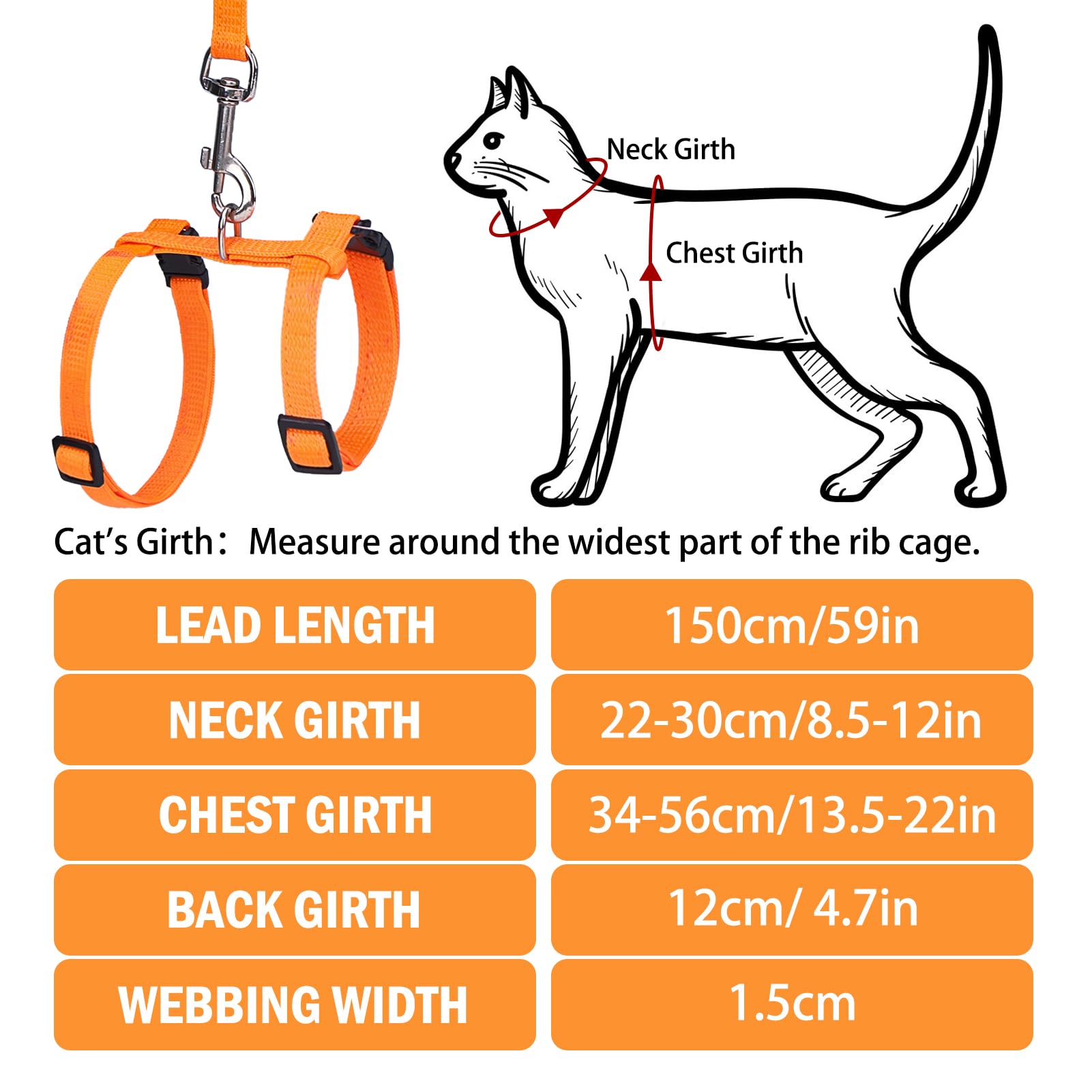 Pupteck Adjustable Cat Harness And Leash Set Escape Proof Kitten Strap Collar For Walking Travel, Orange, M