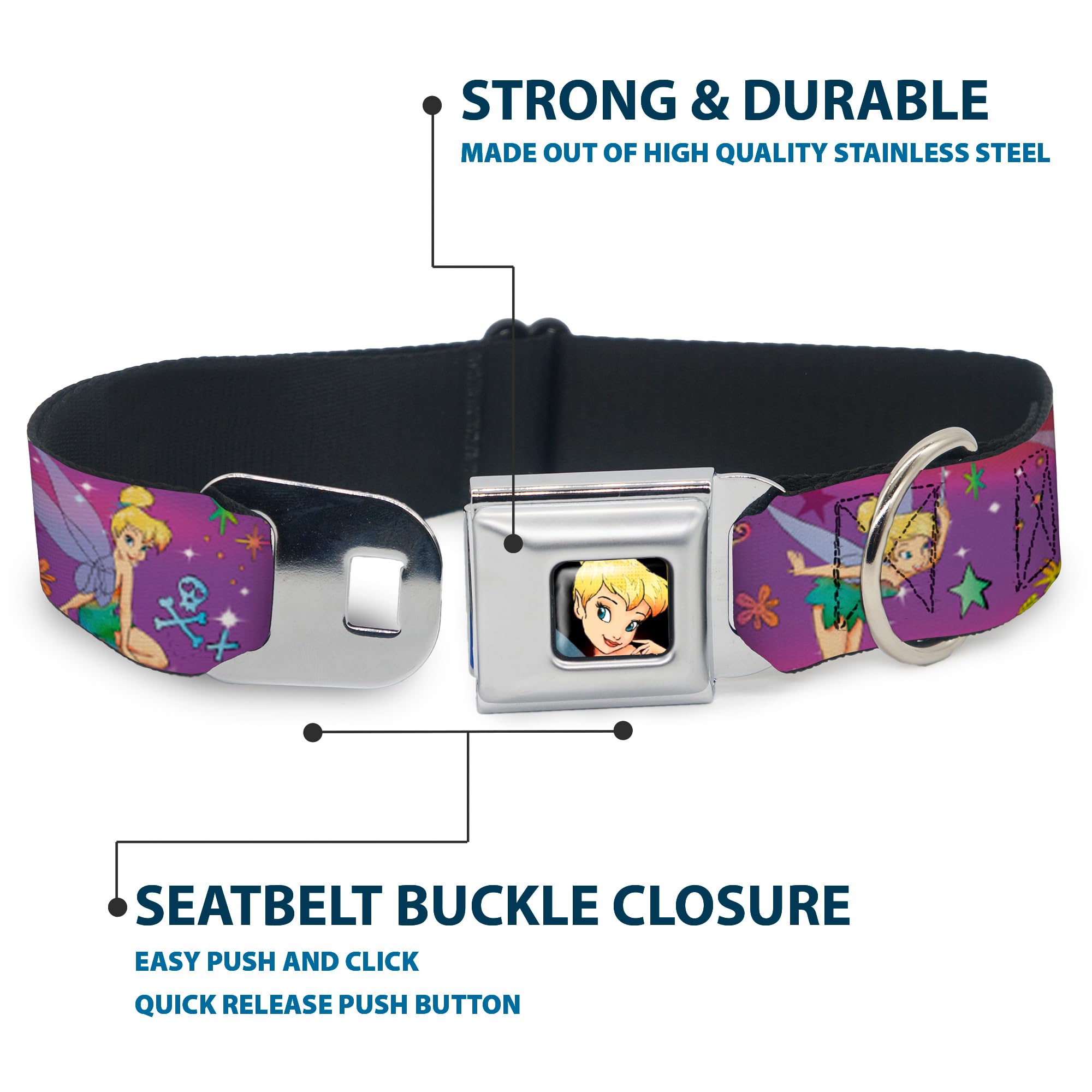 Buckle-Down Dog Collar Seatbelt Buckle Tinker Bell Poses Flowers Stars Skull Purple, Multi Color, 1' Wide - Fits 9-15' Neck -