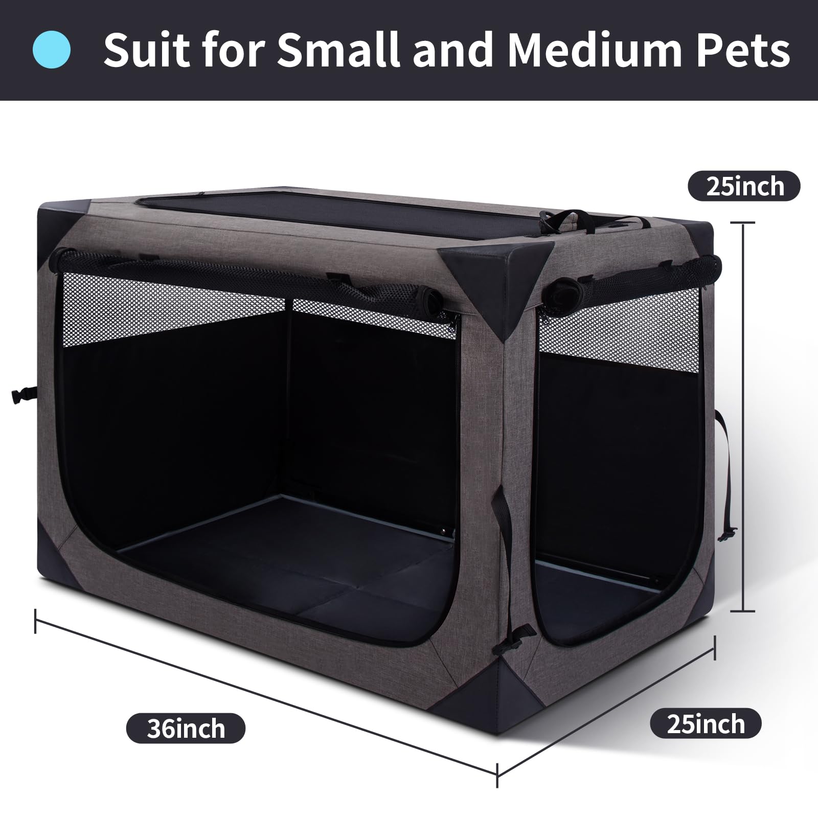Outtsp 36 Inch Portable Travel Dog Crate, 3 Door Collapsible Soft Pet Kennel with Durable Mesh Windows for Medium Dogs, Foldable