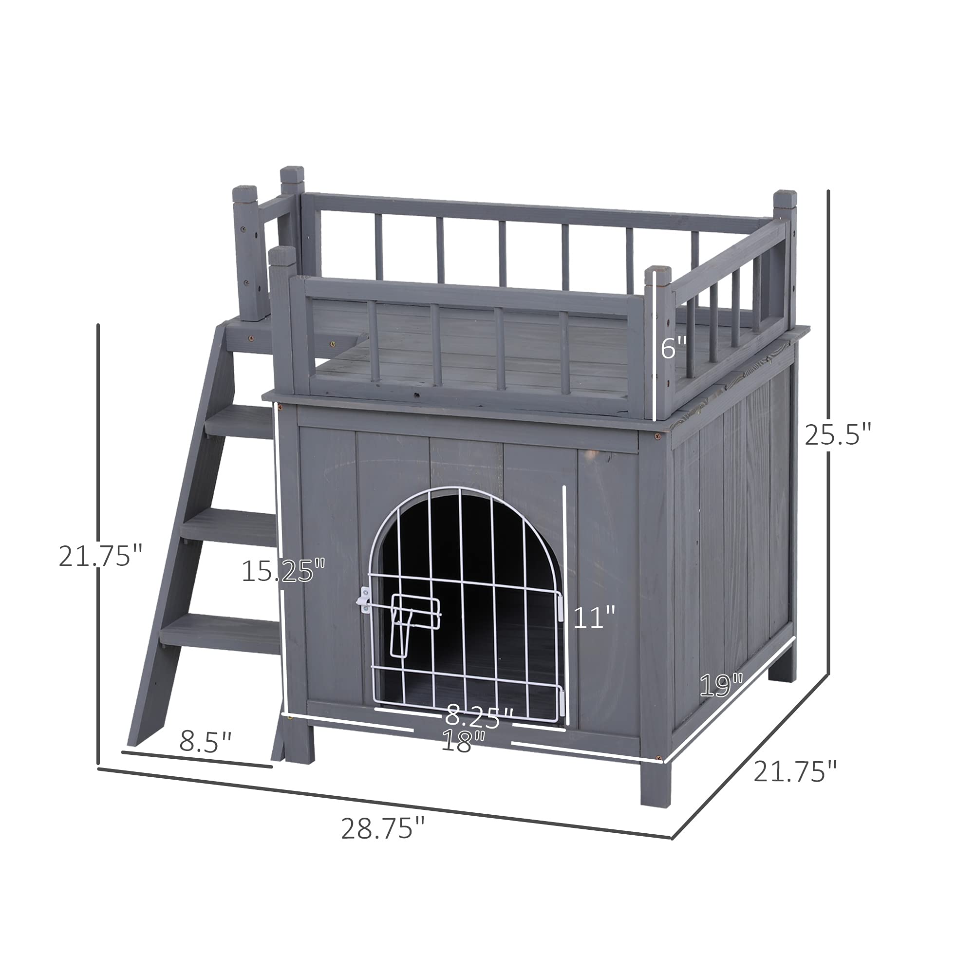 Pawhut 2-Level Wooden Cat House, Outdoor Dog Shelter Cat Condo With Lockable Wire Door And Balcony, Grey