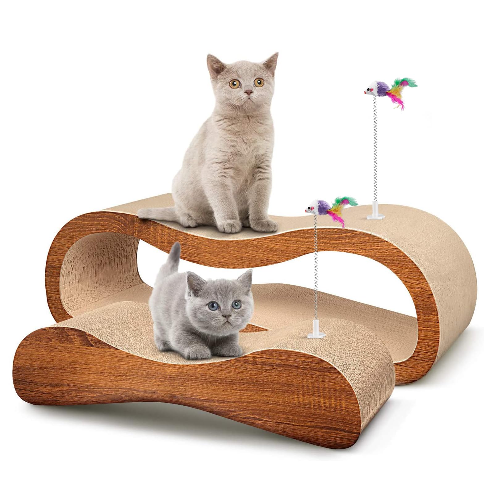 Simple Delxue 2 in 1 Cat Scratcher Lounger, Large Horizontal Cardboard Cat Scratcher with 2 Plug-in Teaser Wand, 100% Recyclable
