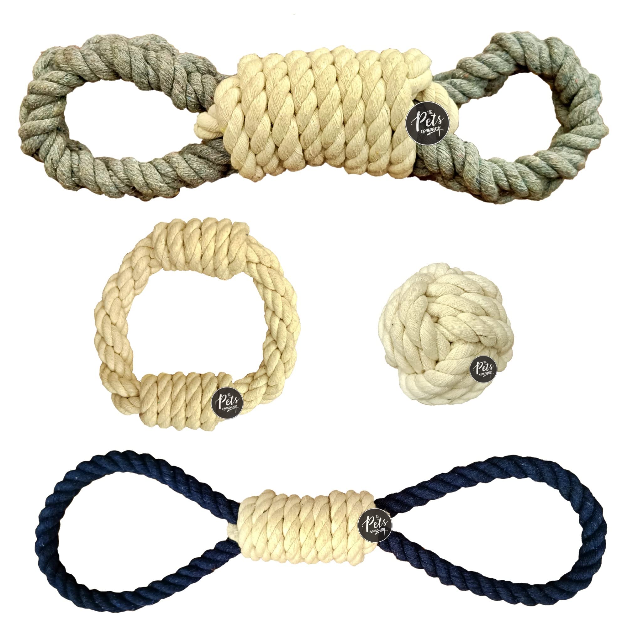 The Pets Company Dog Rope Toy For Adult Aggressive Chewers, Dental Cleaning (Thick Loop Tug + Ring + Dog Ball + Loop Tug) Dog To