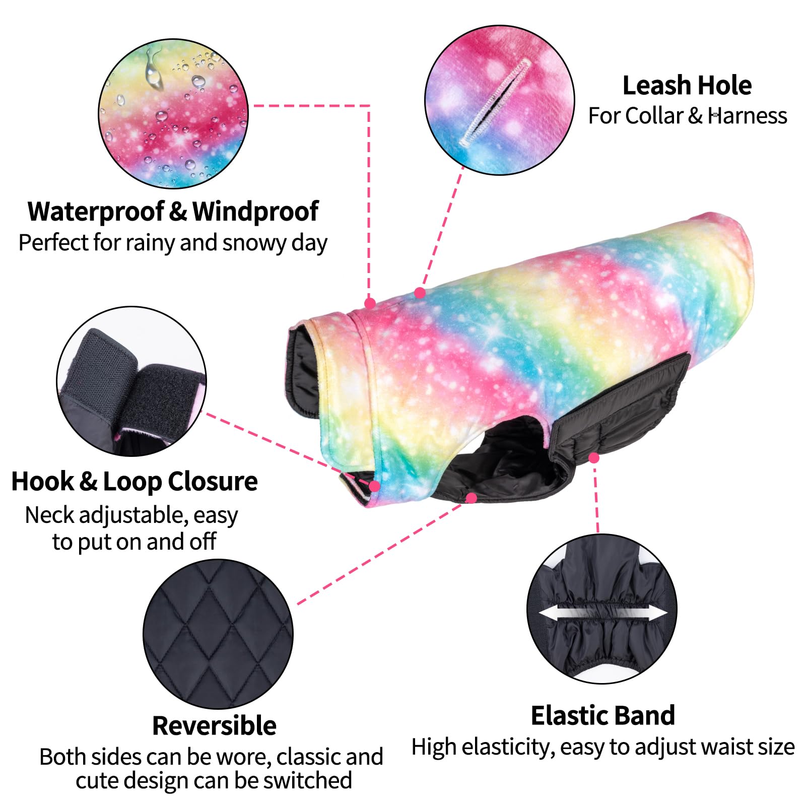 CuteBone Reversible Dog Jacket - Windproof & Waterproof, Medium Size, Rainbow Color, Durable Nylon & Fleece for All Dogs