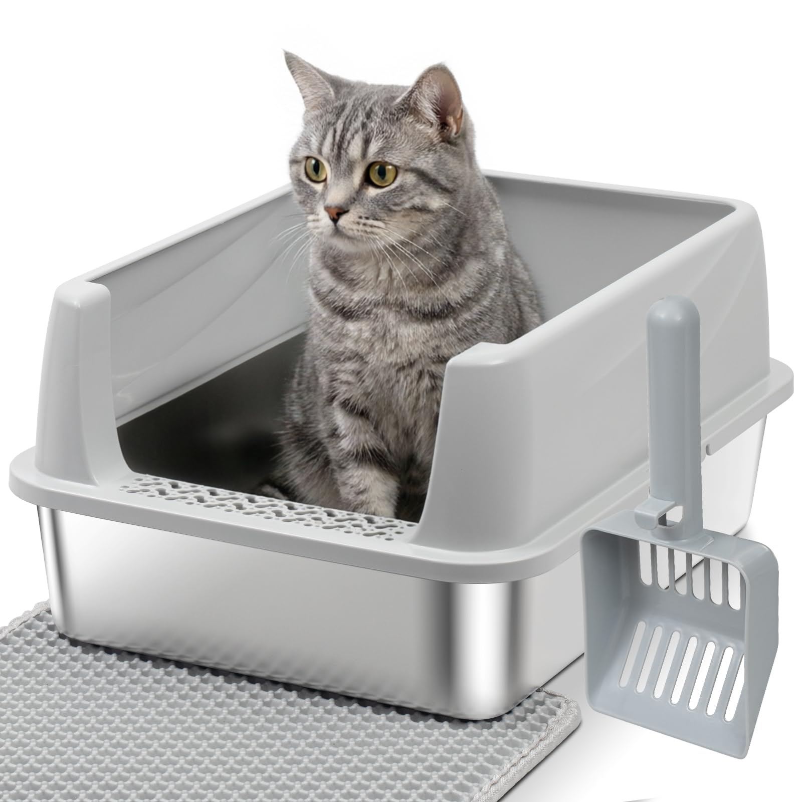 Stainless Steel Litter Box with Lid,Metal Kitty Litter Box,Low Entry Litter Boxes with Scoop and Mat,Kitten Litterbox for Small 