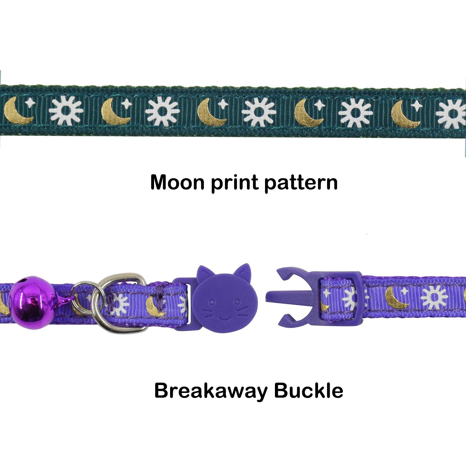 3 Pcs Breakaway Cat Collar With Bell, Moon Cat Collar Adjustable Cute Kitten Collars Soft For Cat Puppy 7-10.2In (Blue Green Purple)