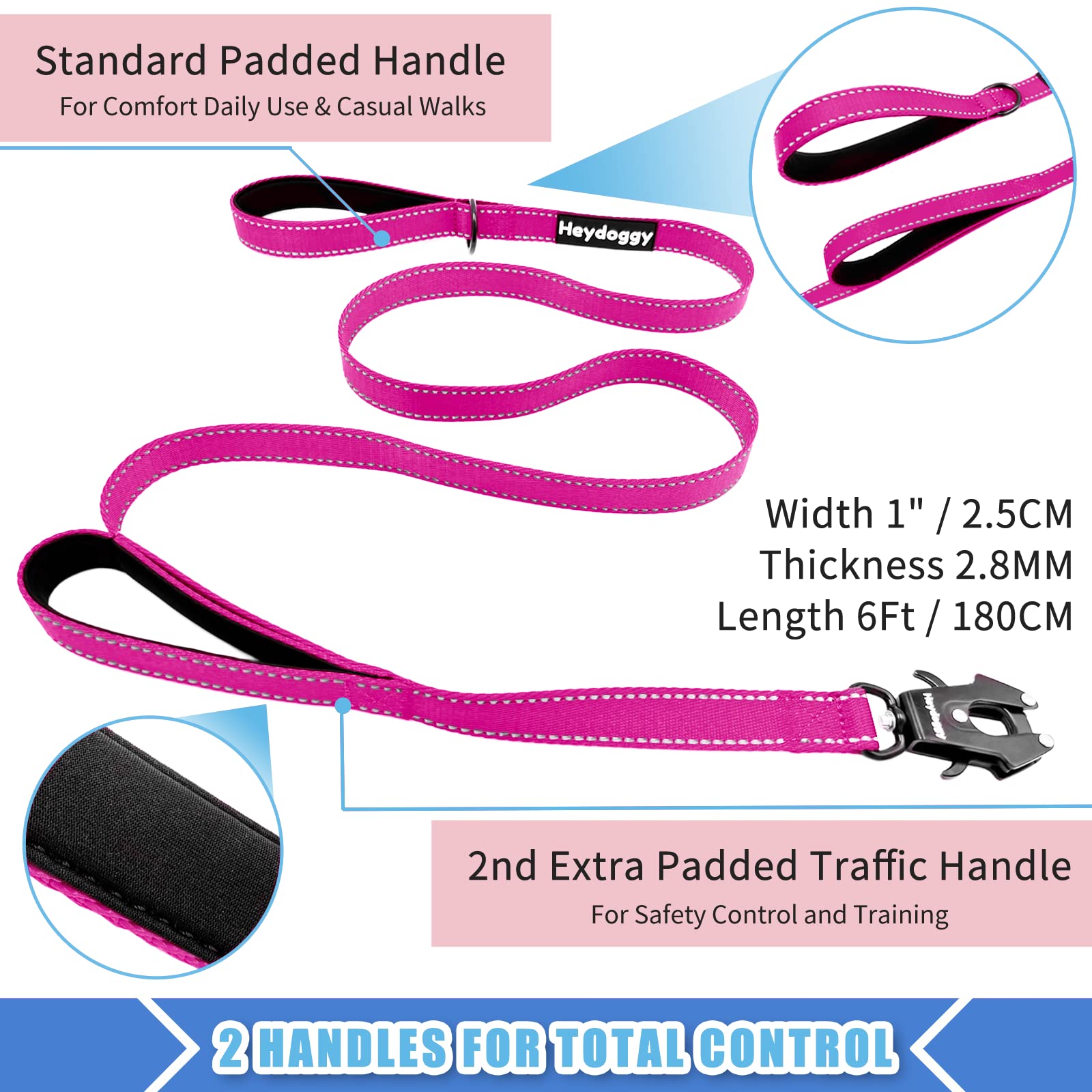 Strong Heavy Duty Dog Leash - 6Ft Reflective Nylon Training Leash With Soft Padded Double Handle & Auto Lock Frog Clip, Safety T