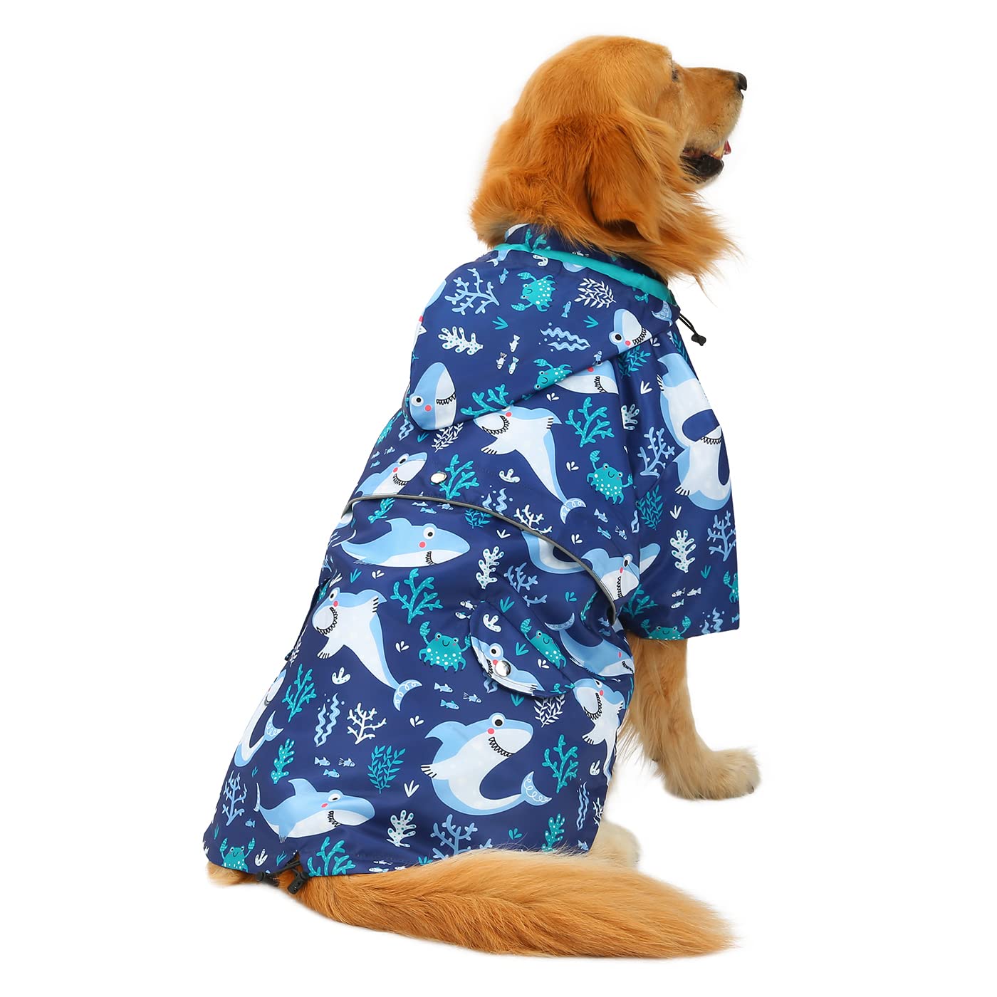 Hde Dog Raincoat Double Layer Zip Rain Jacket With Hood For Small To Large Dogs Sharks - Xl