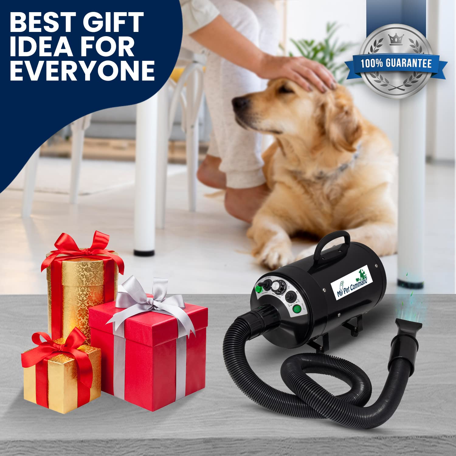 My Pet Command Dog Dryer Blower, Ultra Quiet, Professional High Velocity Blower Adjustable Hot And Cold Airflow, For Drying Deshedding With Accessories, 110V, 500W-2800W 4.5Hp