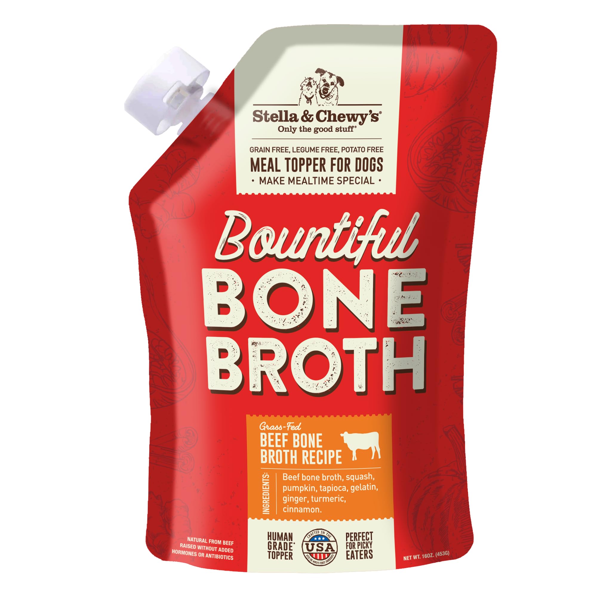 Stella & Chewys Bountiful Bone Broth Grass-Fed Beef Recipe Meal Topper for Dogs, 16 Oz. Resealable Pouch