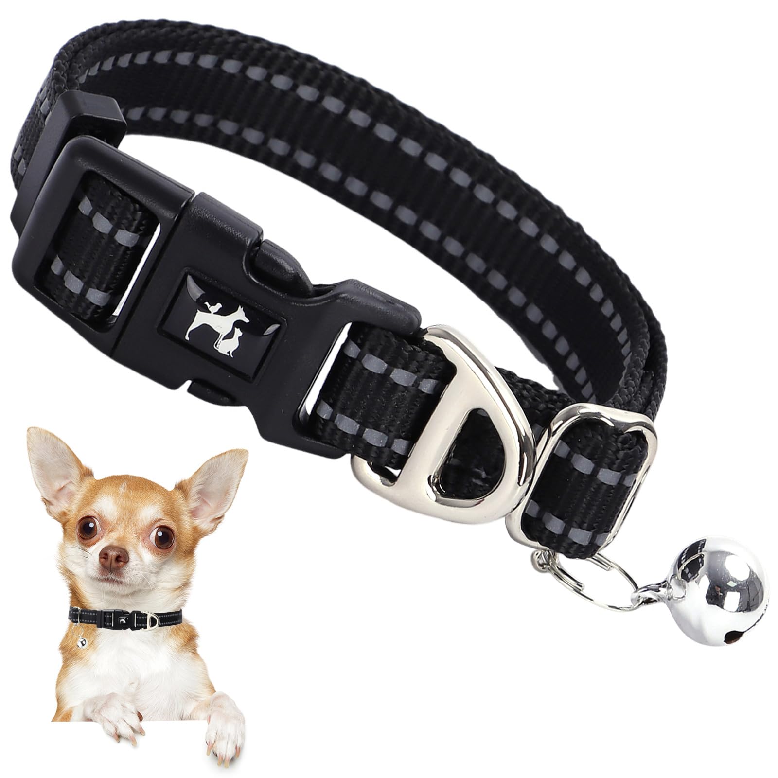 Onefojojo Reflective Dog Collar With Bell - Adjustable Nylon Puppy Collar For Small Dogs, Nighttime Safety For Chihuahua, Pomera