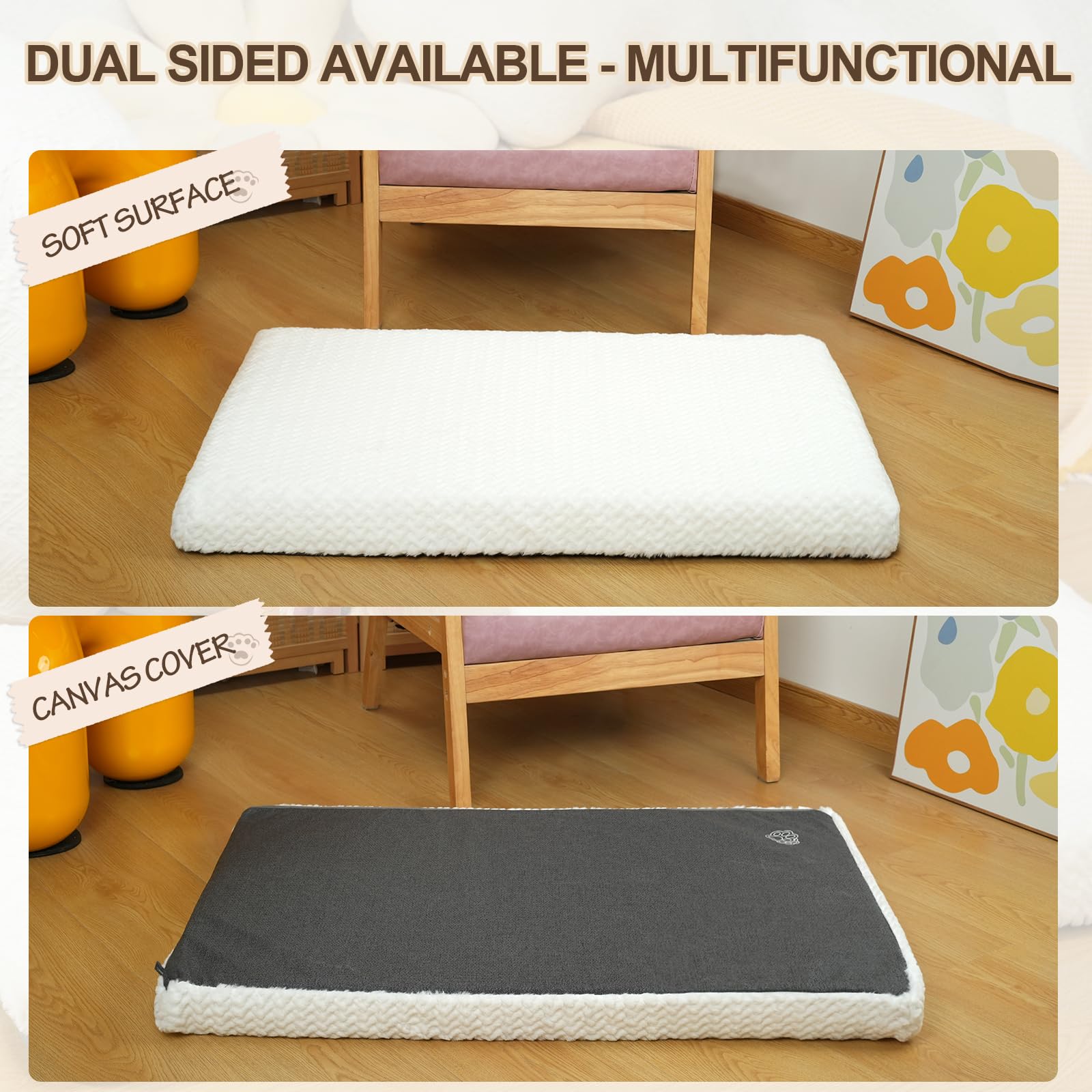 EMPSIGN Dog Crate Pad - Reversible, Machine Washable, Soft White Plush Bed for Dogs, 47"x29"x3"