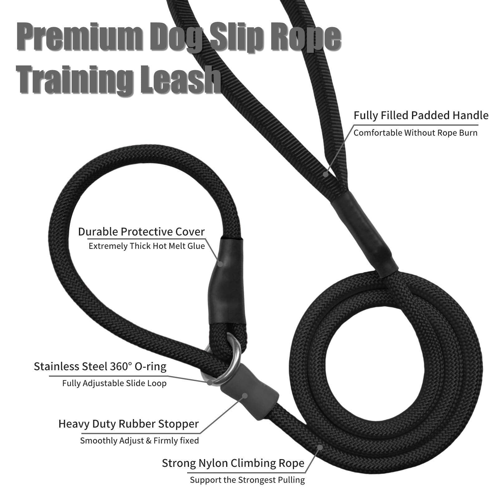Strong Slip Rope Dog Training Leash (6Ft) - Heavy Duty Durable Braided Nylon Lead With Rubber Stopper & Padded Handle - No Pull