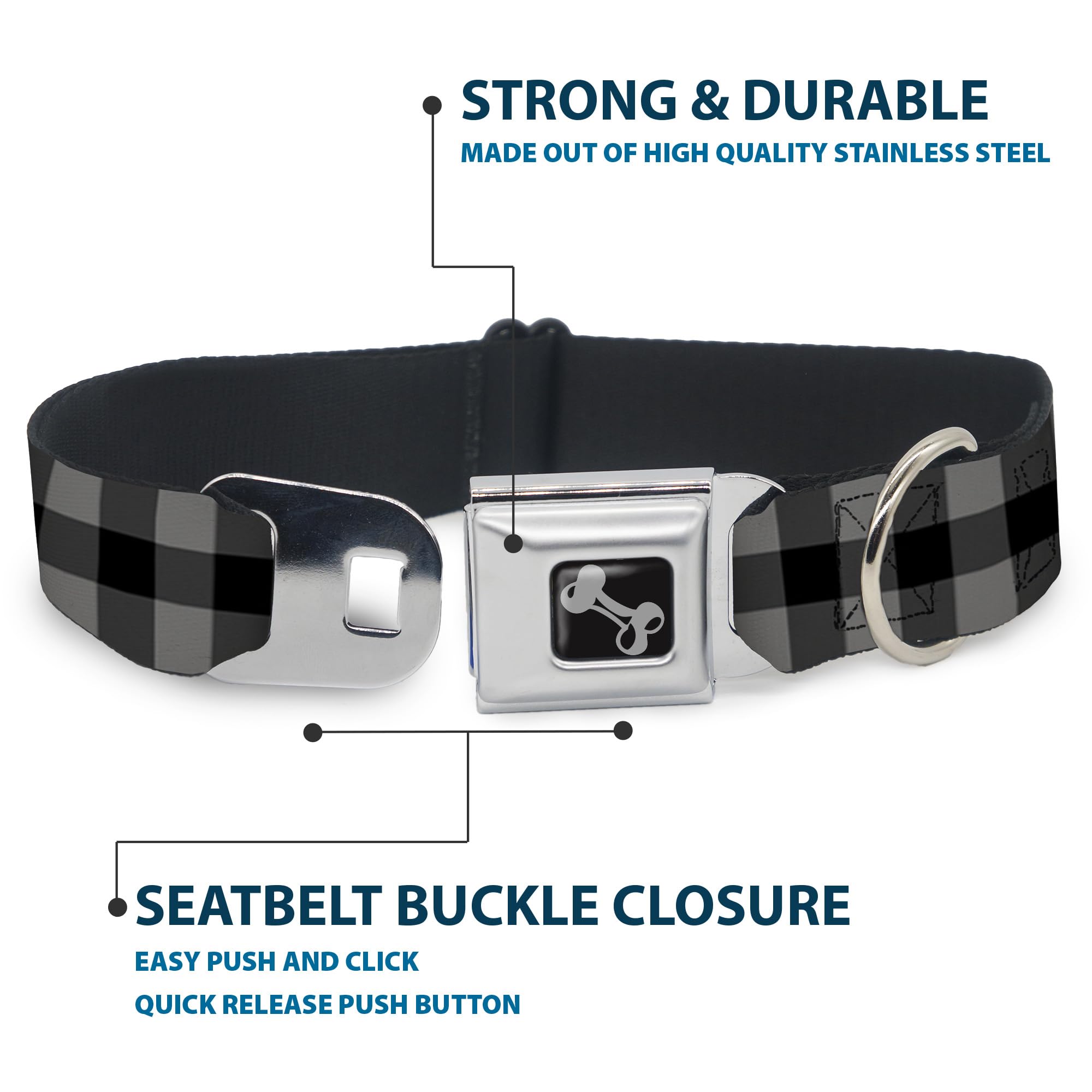 Dog Collar Seatbelt Buckle Buffalo Plaid Black Gray 13 To 18 Inches 1.5 Inch Wide