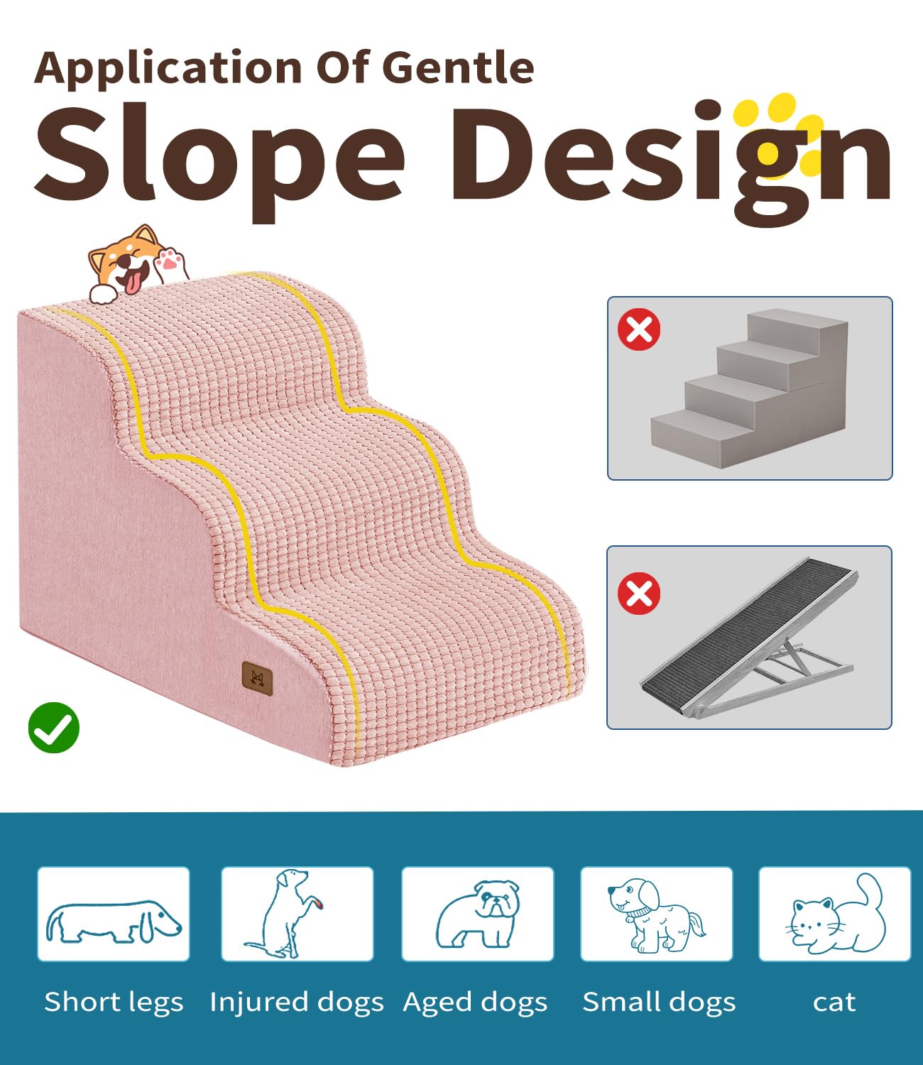 ABCPET Dog Step for Bed, Dog Stair 3-Step 35D Pet Stair 15.7 H for High Bed or Sofa Non-Slip Balanced Pet Step Indoor, Pink
