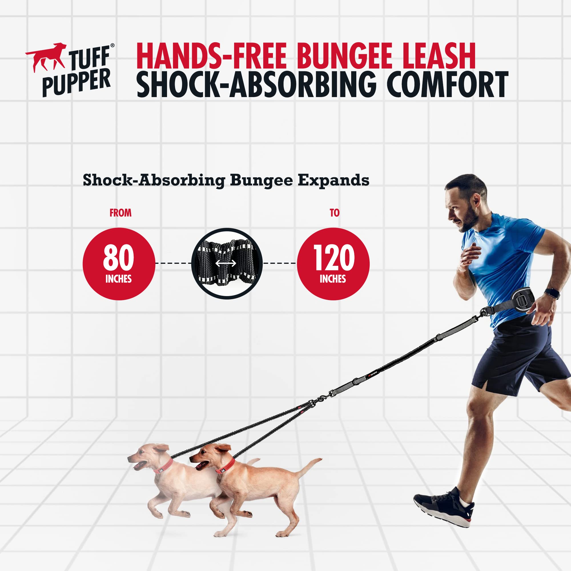 Tuff Pupper Heavy Duty Hands Free Dog Leash | Two Small/Medium Dogs Up To 90 Lbs | Comfortable Shock Absorbing Bungee | Reflecti
