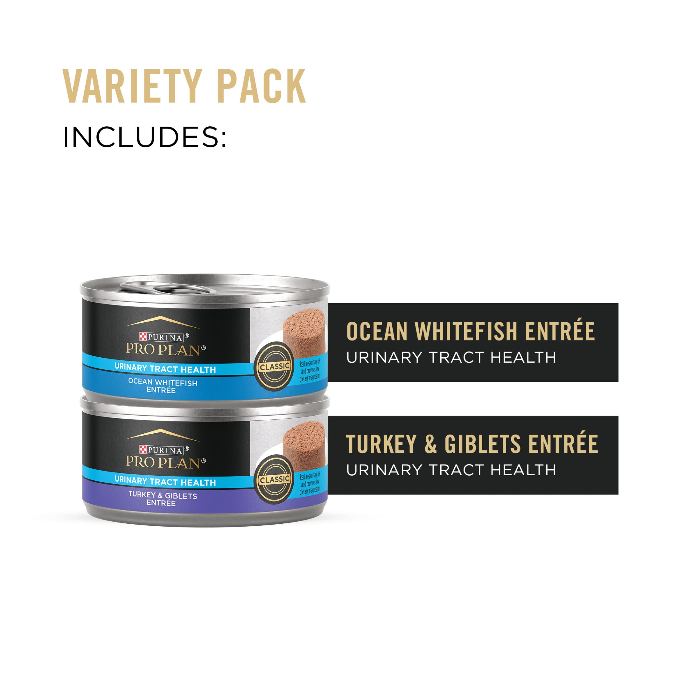 Purina Pro Plan Urinary Tract Health Pate Cat Food Variety Pack, Turkey and Giblets, and Ocean Whitefish Entrees - (Pack of 12)