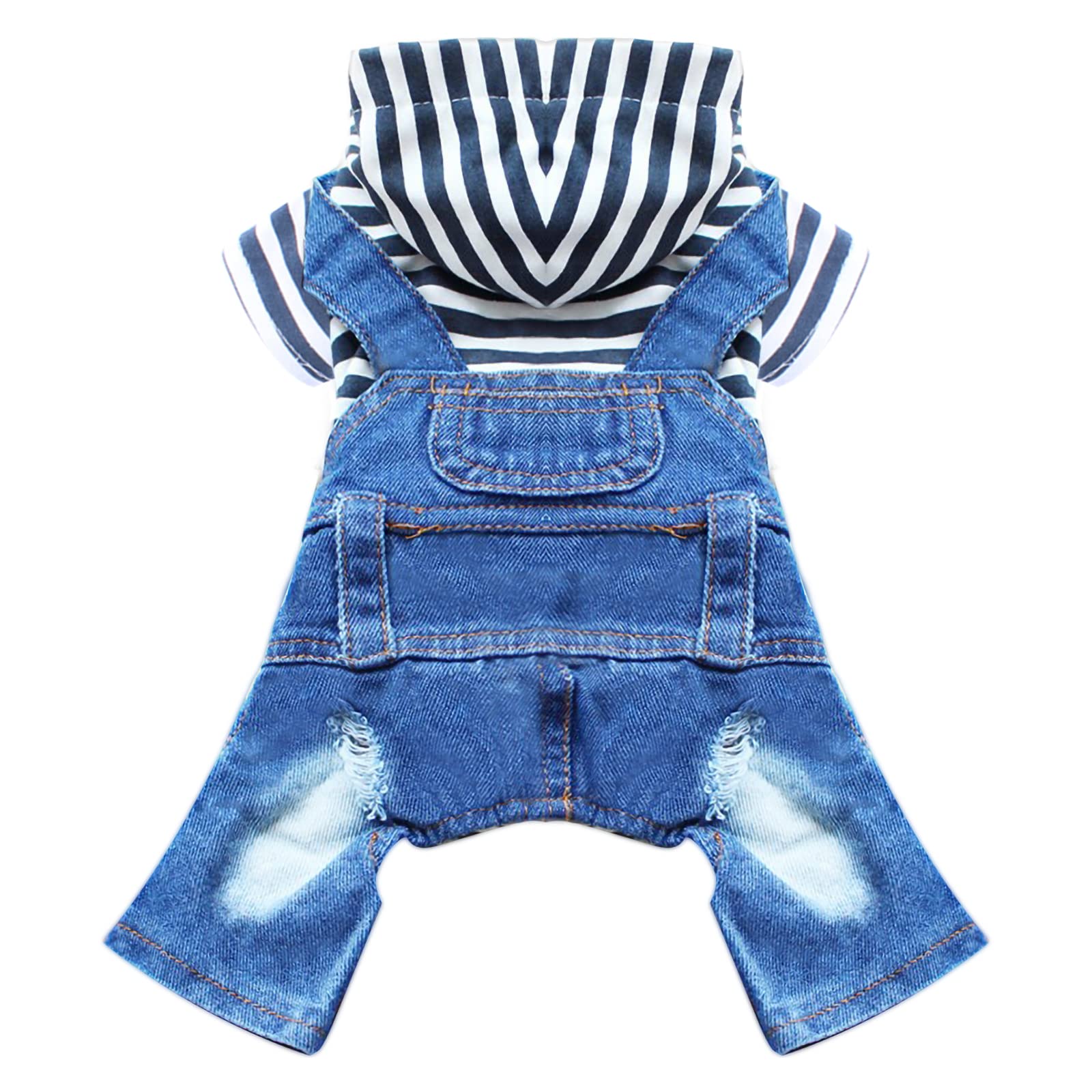 Doggyzstyle Small Dog Hoodie Clothes Cute Stripe Shirts Denim Jumpsuit One-Piece Outfit For Small Medium Dogs Cats Boy Girl Chih