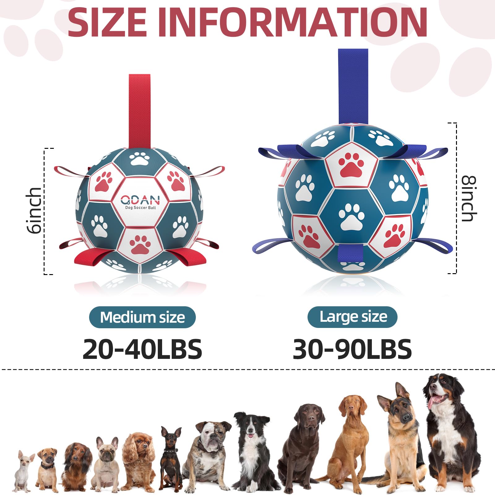 QDAN Soccer Ball Dog Toy, Durable PU Water Toy for Small Medium Dogs, Interactive Tug of War, Blue Red, 6 Inch