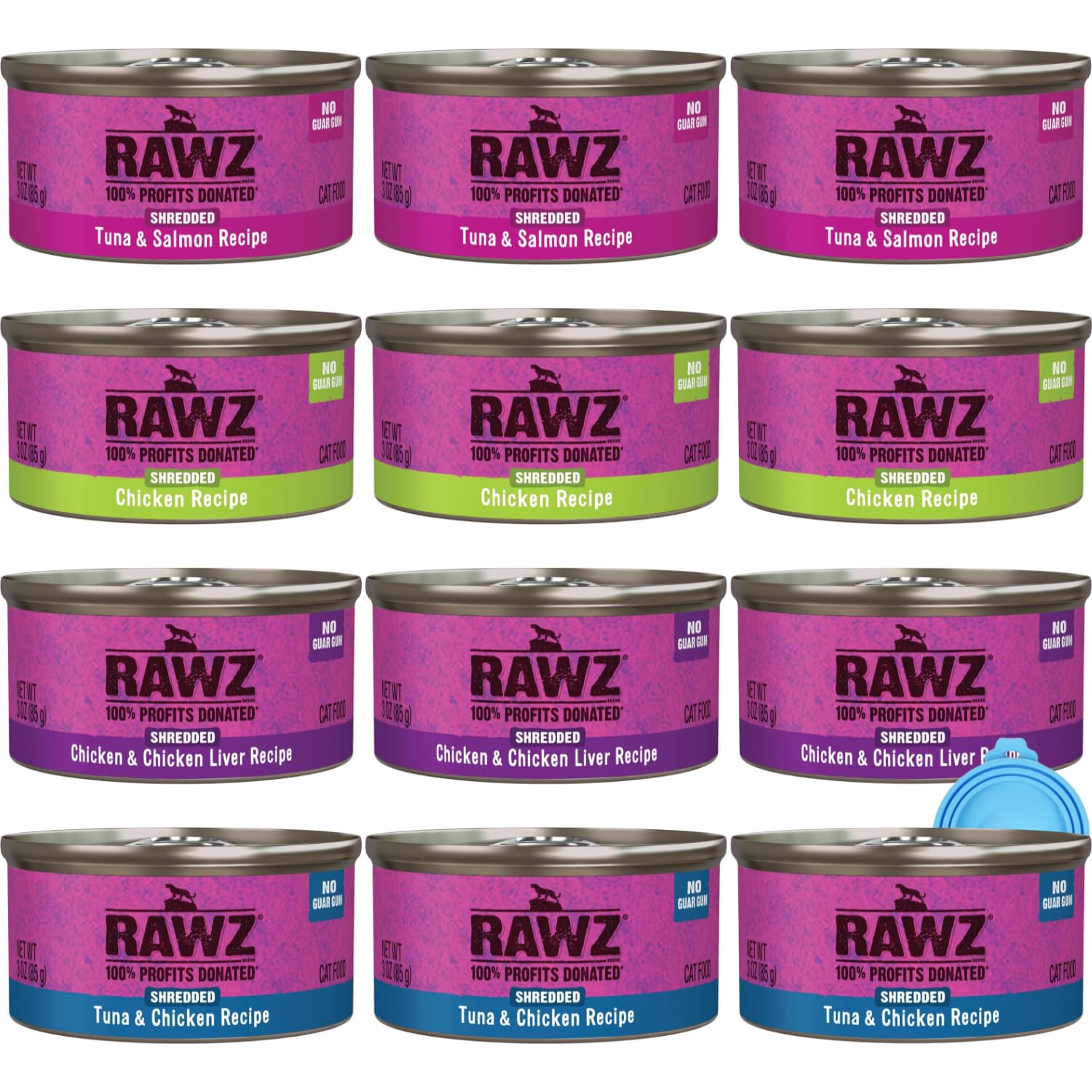 Rawz Natural Premium Canned Cat Wet Food Shredded -12 Pack Cans Variety Pack -4 Flavors with Yow Pet Lid- (Tuna & Salmon, Chicke
