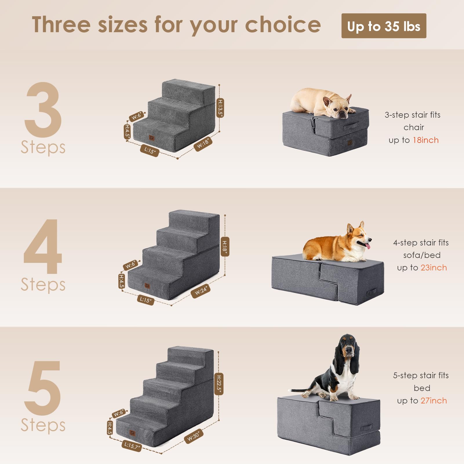 Eheyciga Dog Stairs Ramp For Small Dogs 13.5' H, 3-Step Dog Steps For Couch Sofa And Chair, Pet Steps For Small Cats, Non-Slip