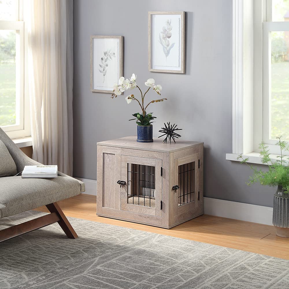 Unipaws Furniture Style Dog Crate For Small Dogs, Cats, Min Pigs, Rabbit, Indoor Aesthetic Puppy Kennel, Modern Decorative Wood Wire Pet House Dog Cage, Pretty Cute End Side Table Nightstand, Grey