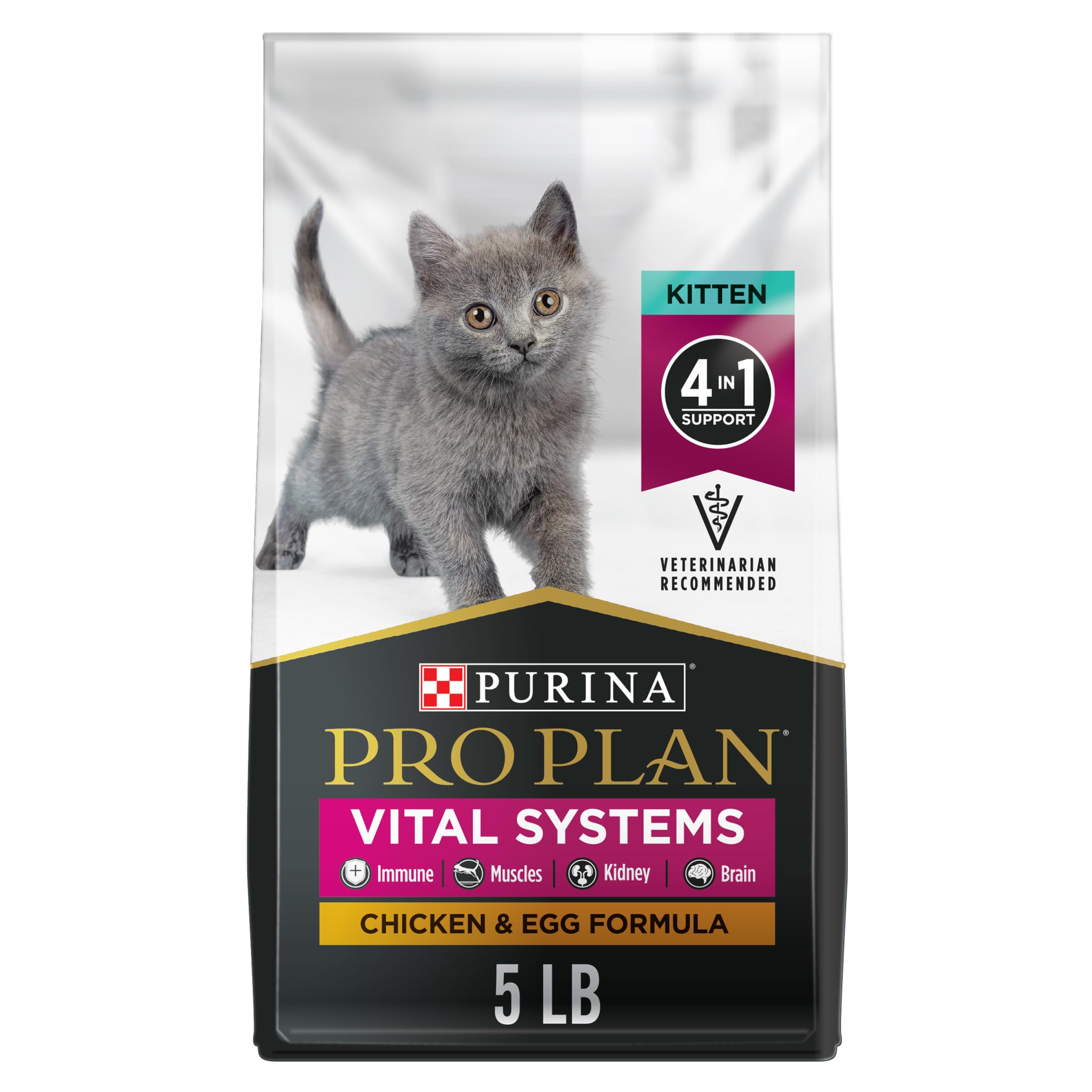 Purina Pro Plan Vital Systems Chicken and Egg Formula Kitten Dry Food 4-in-1 Immune, Muscles, Kidney and Brain and Vision - 5 lb