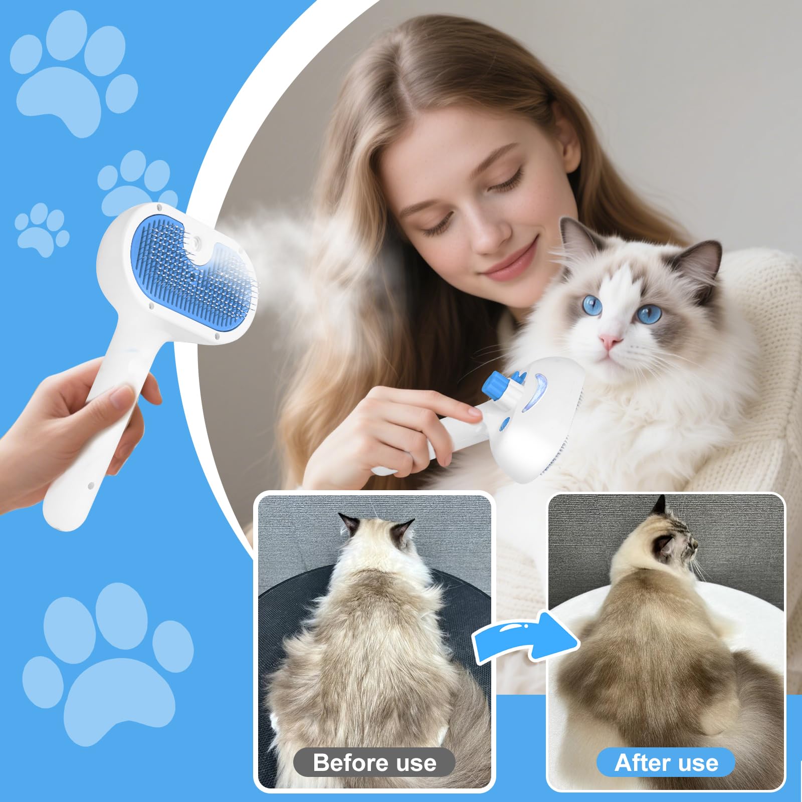 Pet Steam Brush for Dog & Cat - 3-in-1 Steam Grooming Brush for Shedding & Hair Removal - Self Cleaning Spray Comb with Mist for