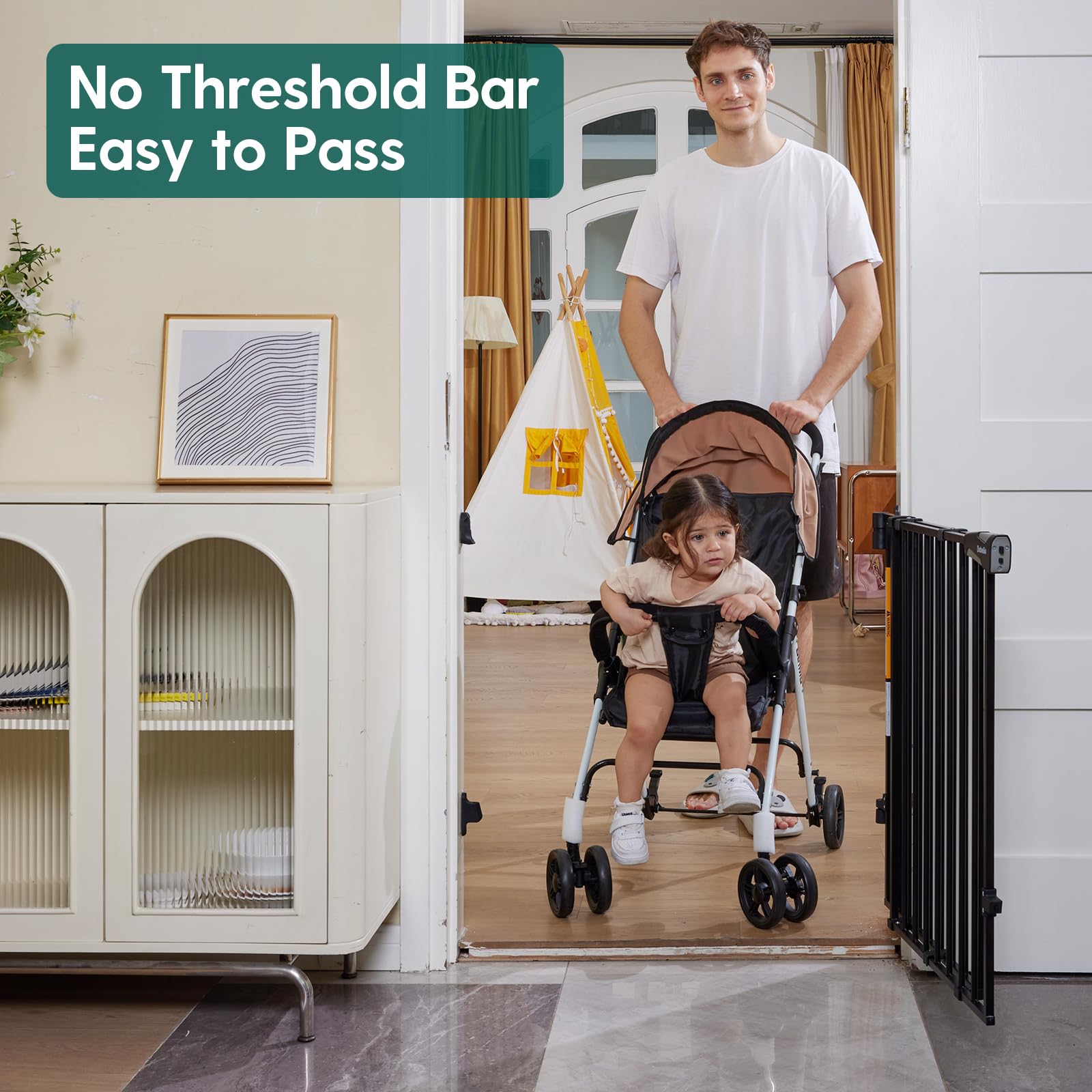 BABELIO 34" Extra Tall Baby/Dog Gate - Auto Close, No Threshold, Fits 26-43" Doorways, Black, Alloy Steel, Model CB-M-101