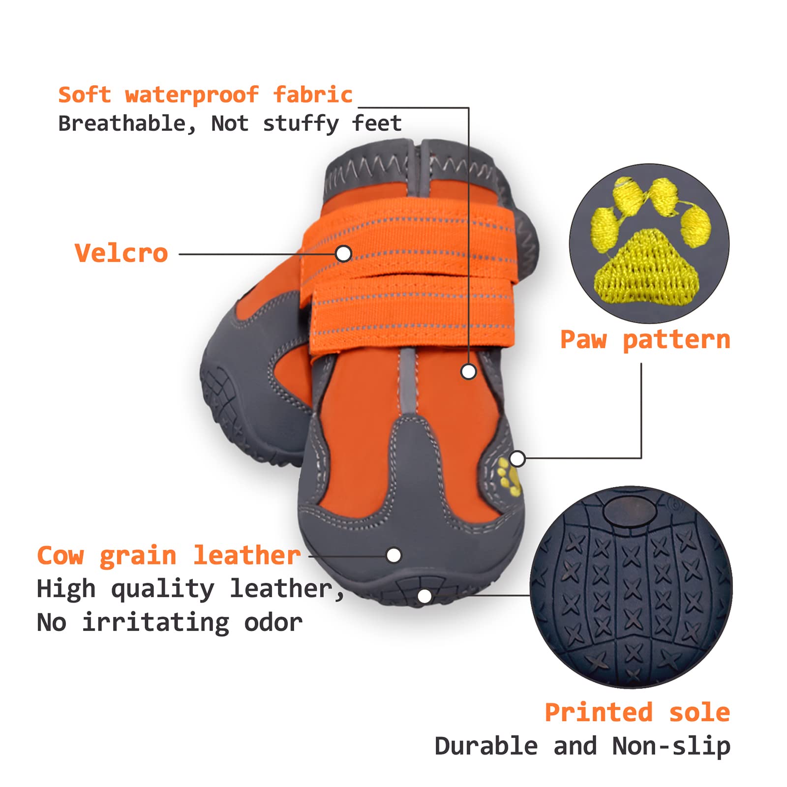 XSY&G Dog Boots - Waterproof Outdoor Shoes for Medium Large Dogs, Anti-Slip Sole, Reflective Strips, Size 8, Orange