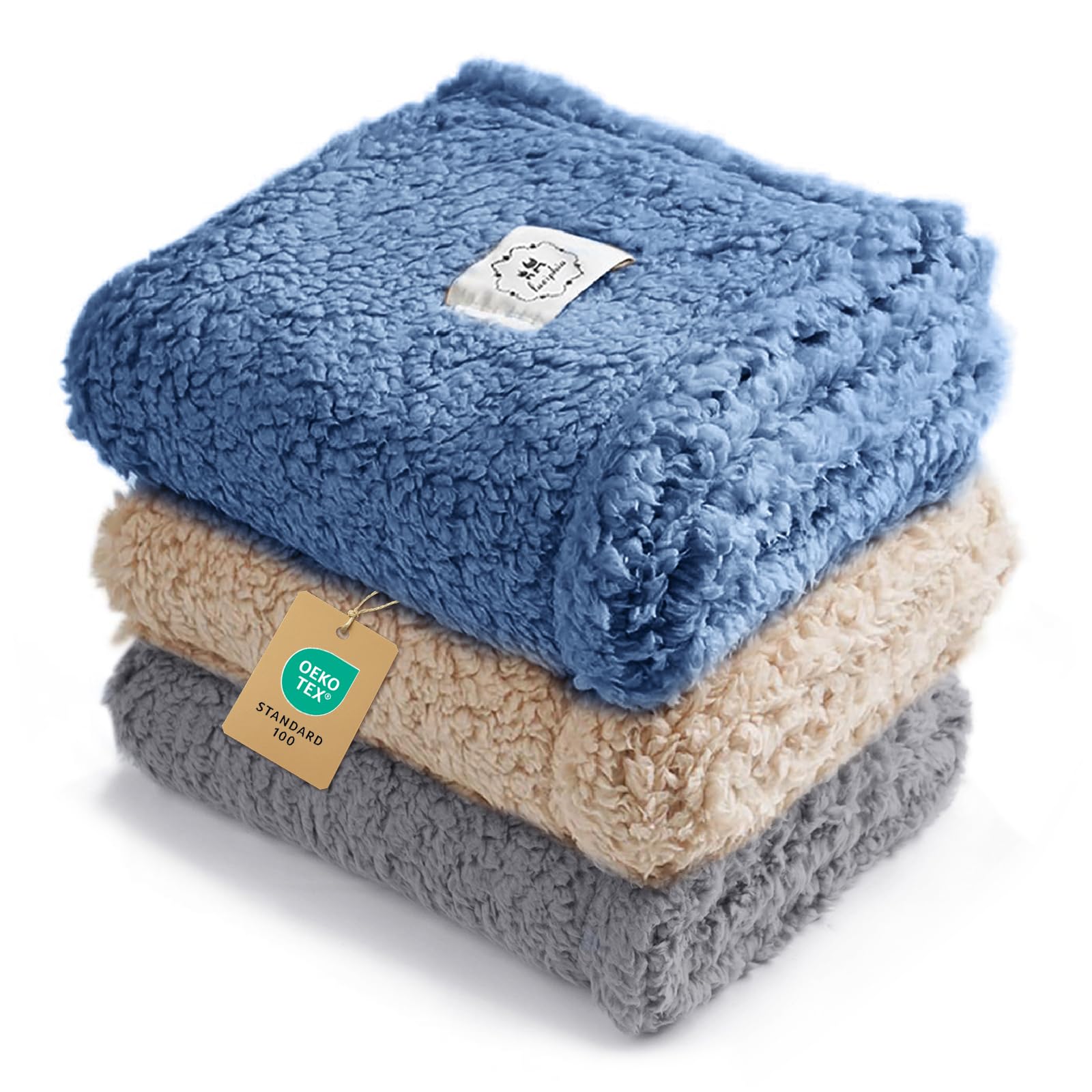 Luciphia 1 Pack 3 Calming Dog Blanket Fluffy Premium Fleece Pet Blankets Soft Sherpa Throw for Dogs Puppy Cat Grey/Beige/HazeBlu