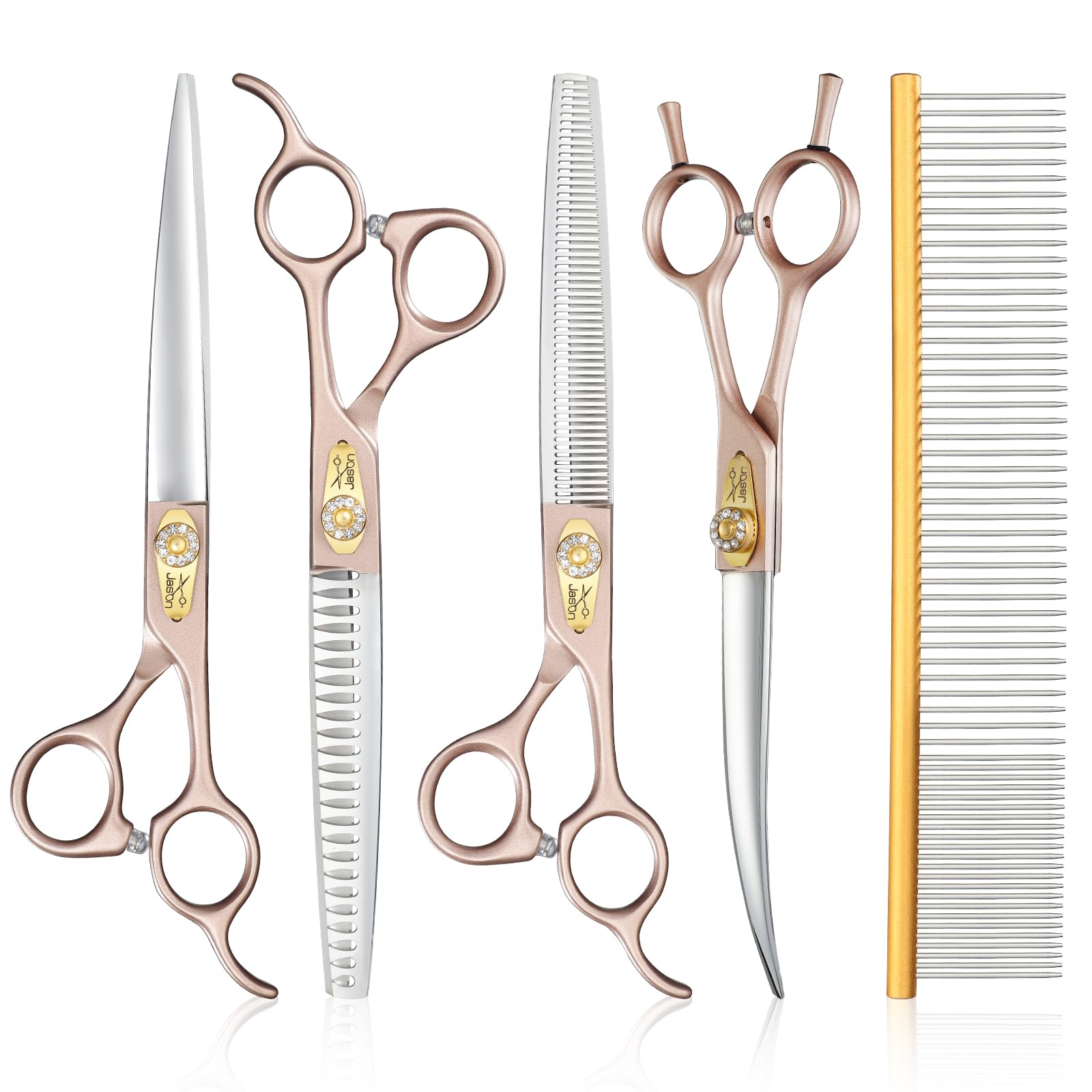 JASON Dog Grooming Scissors Kit – 6 in 1 Professional Shears Set, 7.5" Thinning, Chunker, Straight, Curved, Rosegold for Dogs & Cats