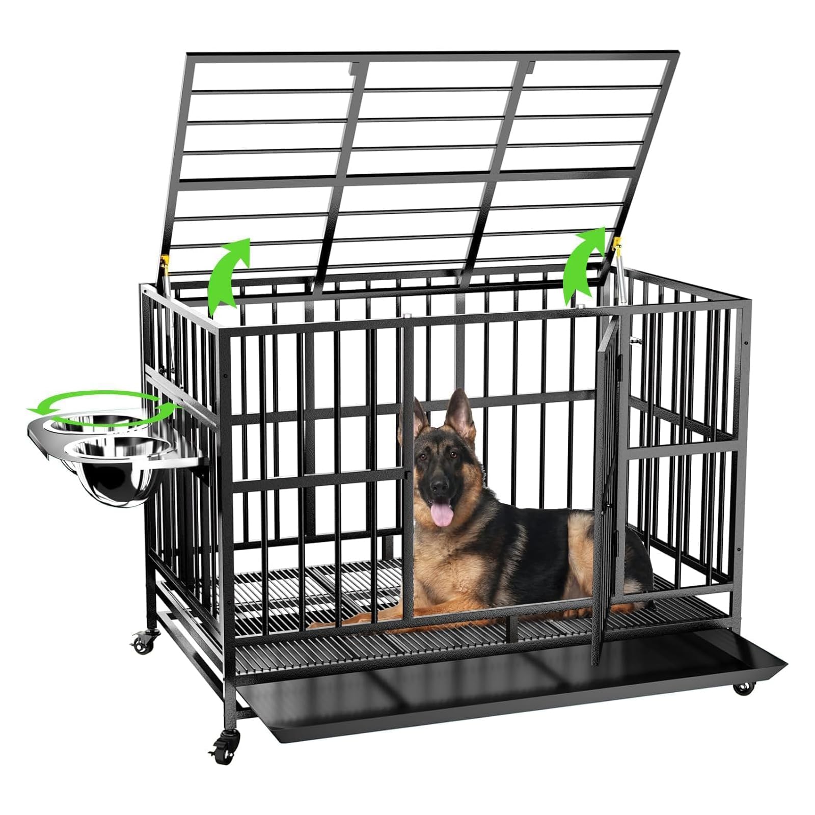 Lovmor 48'' Heavy-Duty Dog Crate With Wheels, Air-Lift Top, Dual 360 Adjustable Bowls - Ideal For Large Dogs