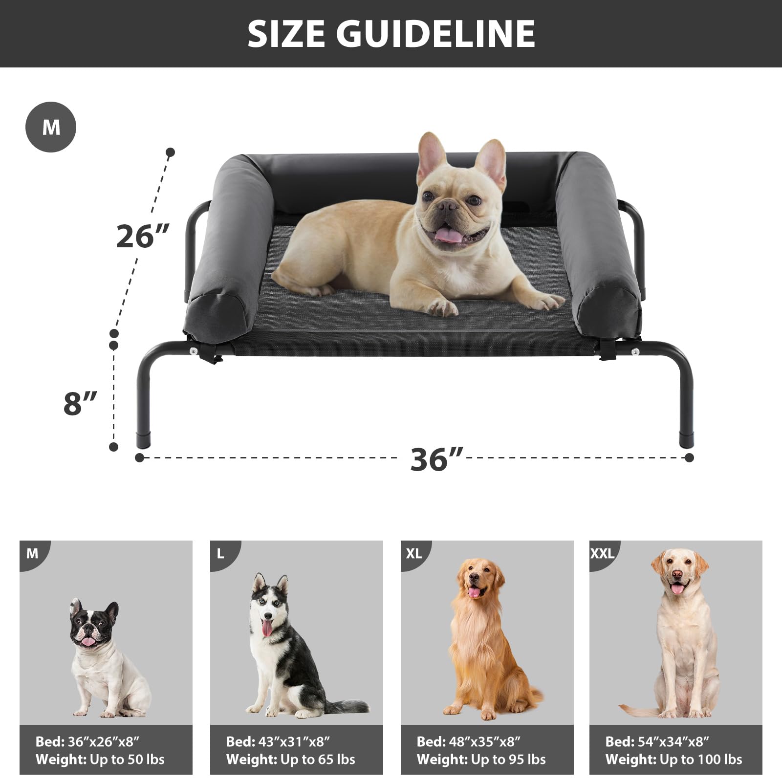 RRPETHOME Large Elevated Cooling Dog Bed, Portable Chew Proof Cot, 36"x26", Black, Breathable Mesh, Skid-Resistant Feet