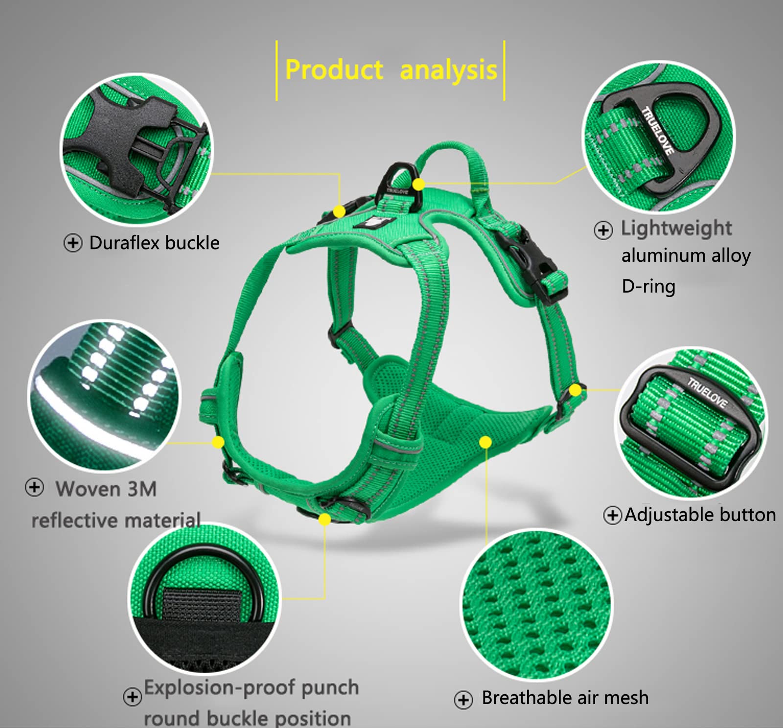 True Love Adjustable No-Pull Dog Harness Reflective Pup Vest Harnesses Comfortable Control Brilliant Colors Truelove Tlh5651(Grass Green,Xs)