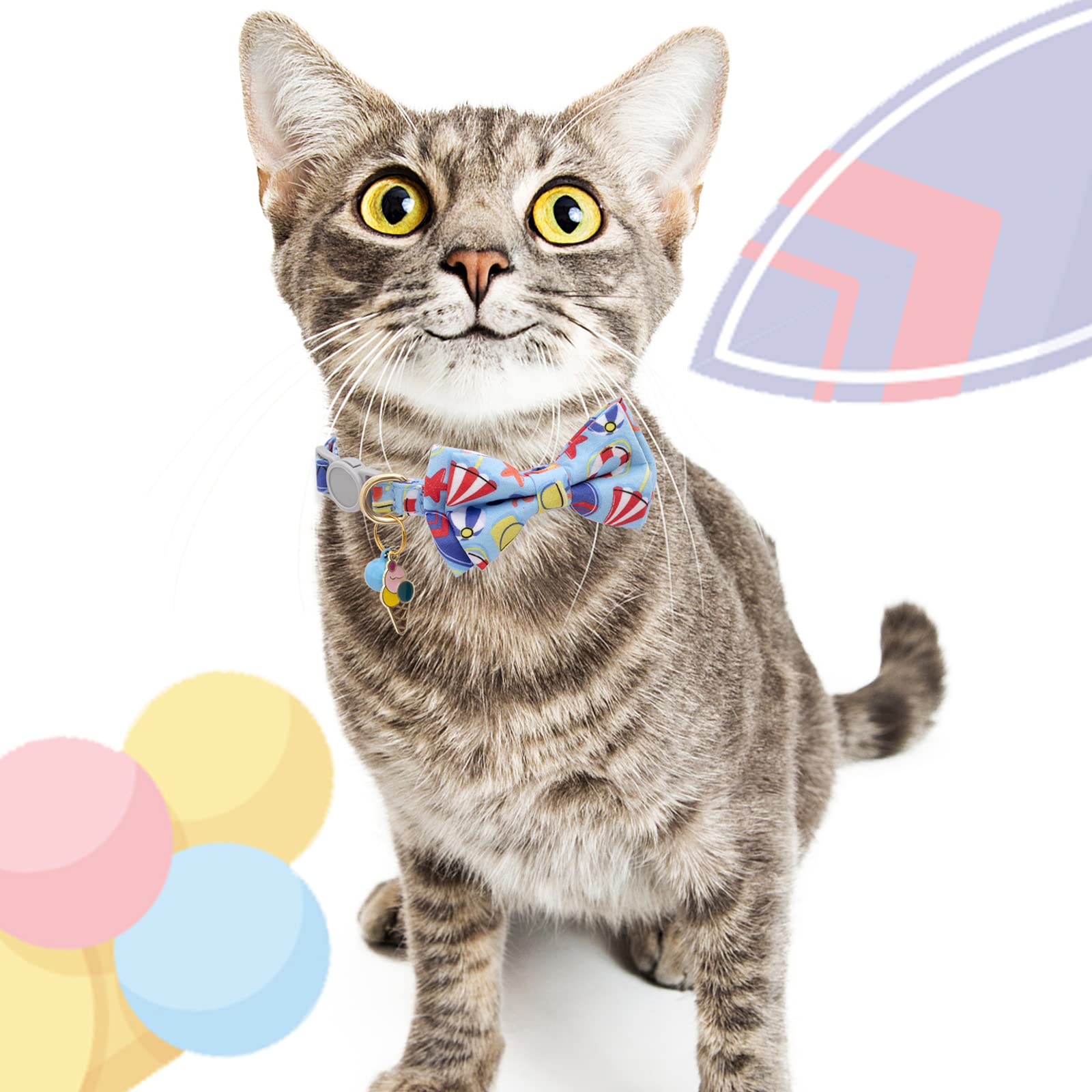 Faygarsle 2 Pack Cute Cat Collar With Bell Breakaway Bowtie Cat Collar For Male Female Cats Soft Fancy Blue Yellow Cat Collar With Ice Cream Sea Pattern Summer Cat Collar For Boy Girl Cats