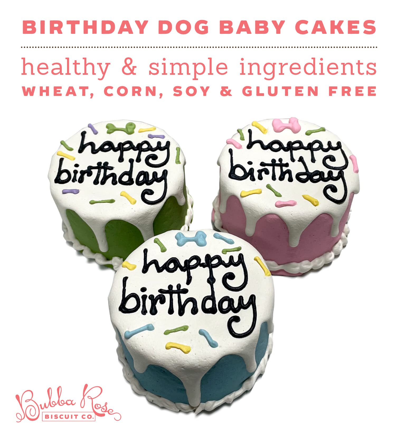 Bubba Rose Biscuit Company: Pink Dog Birthday Baby Cake - Crunchy Biscuit Texture - Natural Gourmet Pet Treat - Dog Cake - 3 inc