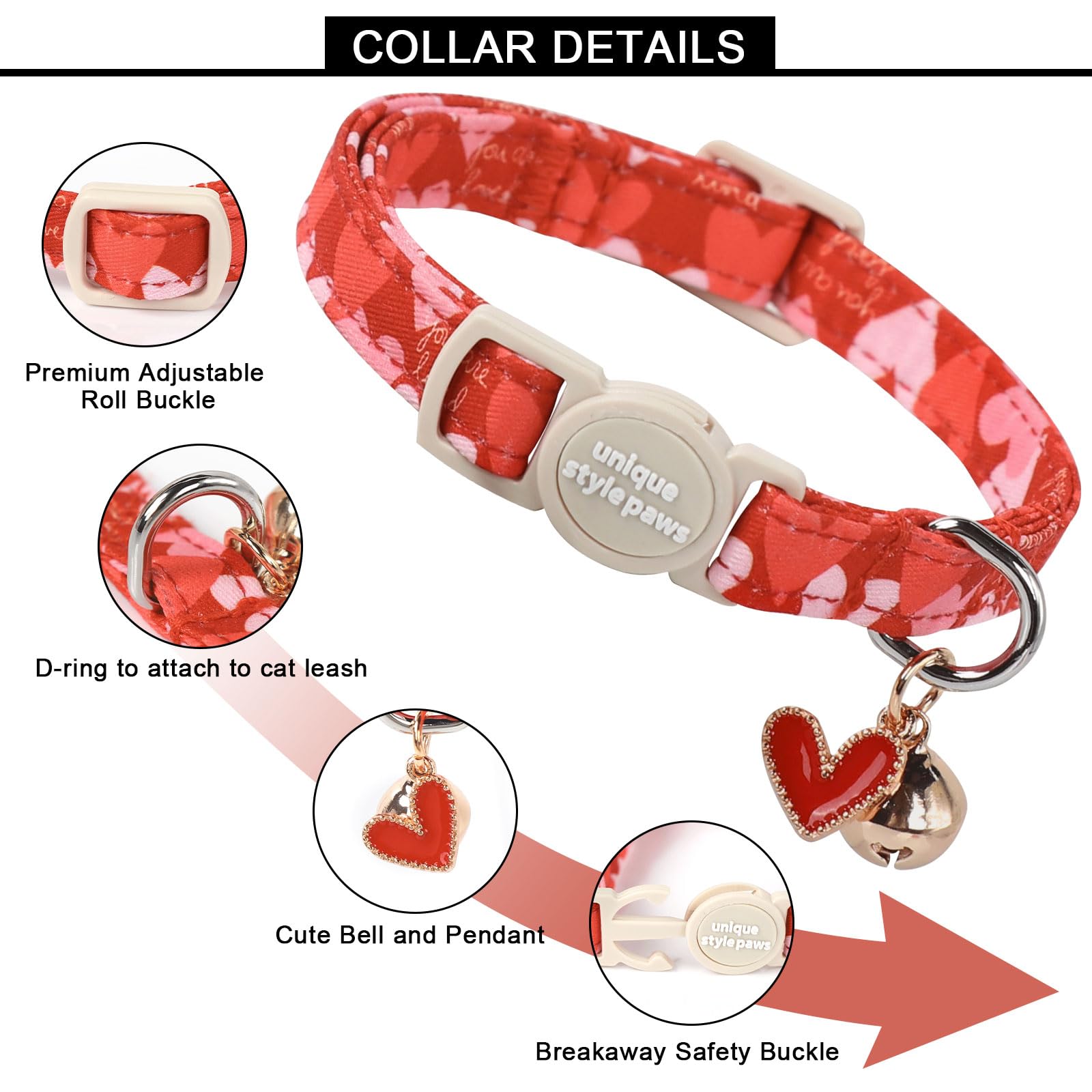 Unique Style Paws 2 Pack Valentine'S Day Kitten Collar Breakaway With Bell&Pendant, Adjustable Safety Red Lip Rainbow Cat Cotton