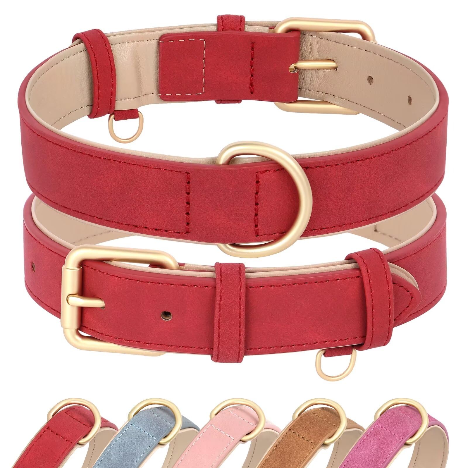 Didog Soft Padded Leather Dog Collar, Adjustable Dog Collars For Medium Dogs With Heavy Duty Metal Buckle And D Ring,Red,L