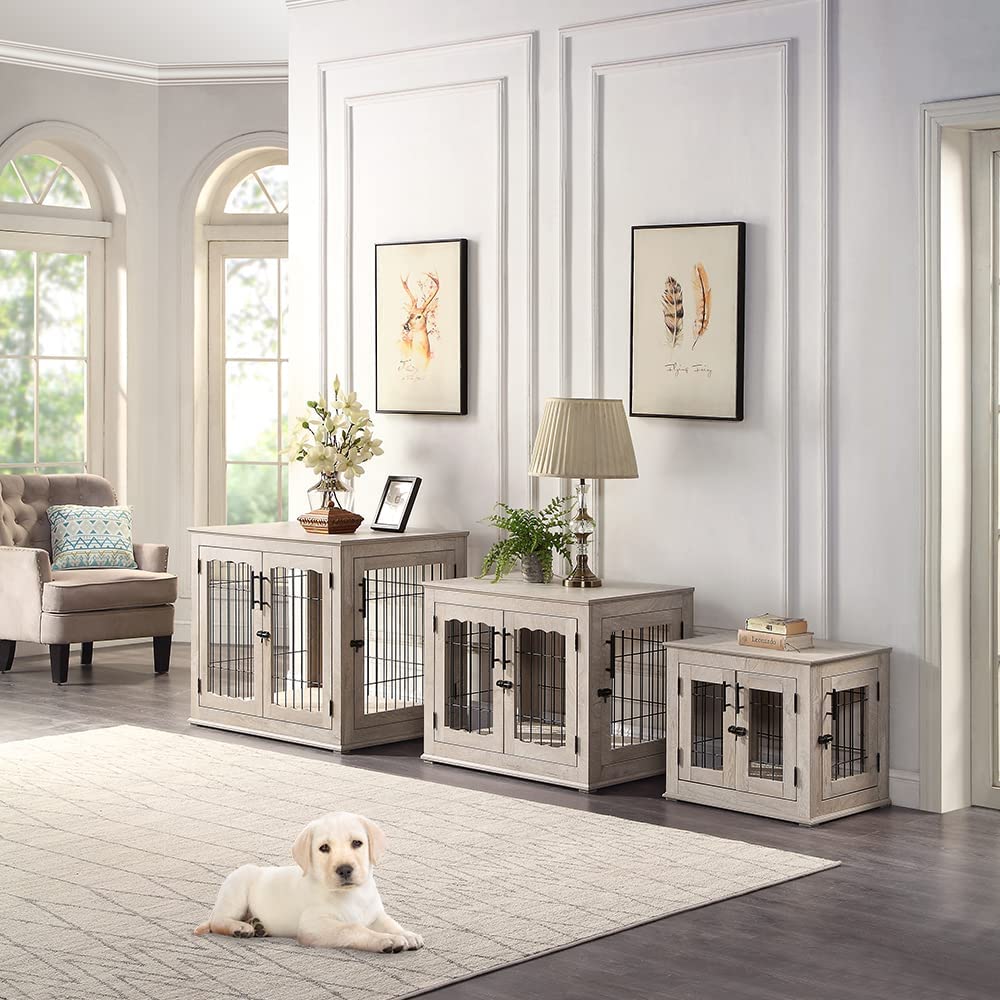 Beenbkks Furniture Style Dog Crate End Table, Double Doors Wooden Wire Dog Kennel With Pet Bed, Decorative Pet Crate Dog House I